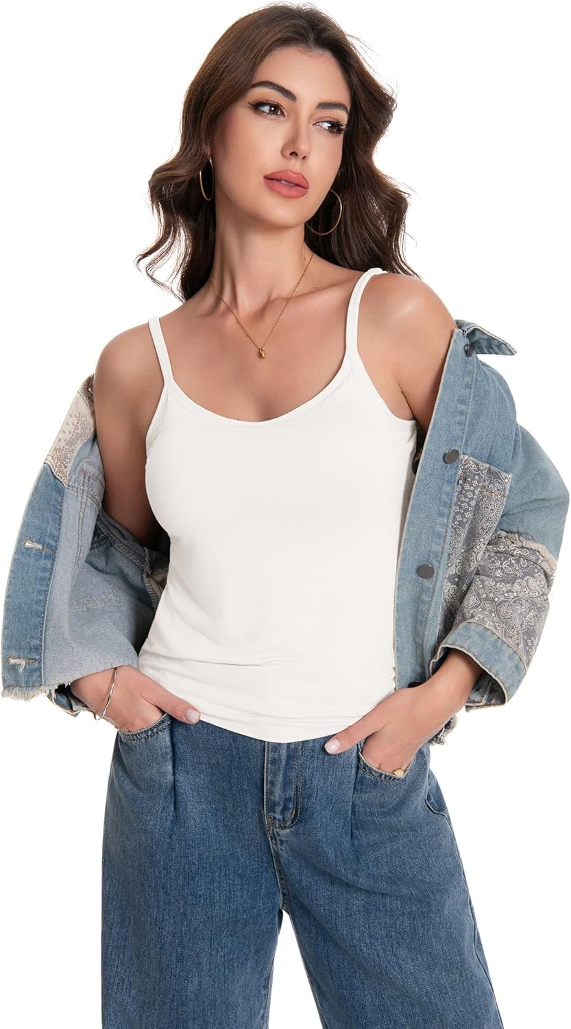 Women Camisole Tank Top - Built-in Bra Adjustable Spaghetti Strap Scoop Neck Padded Casual Basic Cami Shirt - Image 5