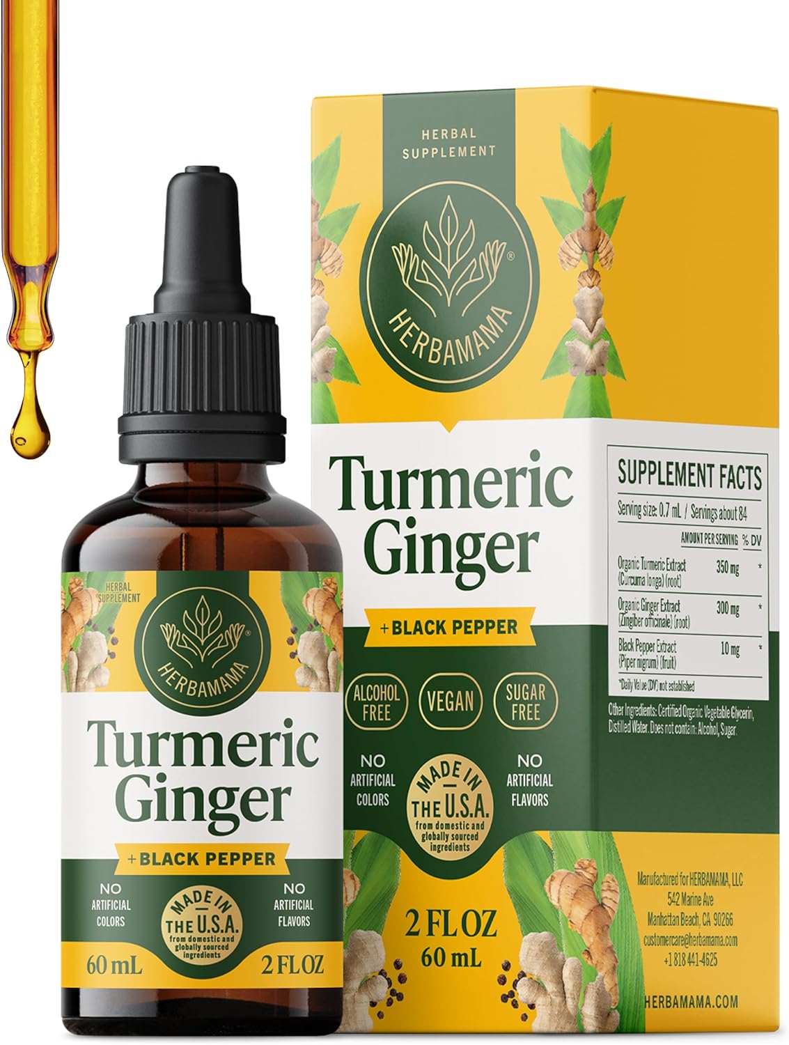HERBAMAMA Turmeric Curcumin and Ginger Supplement - Vegan Immune Blend with Liquid Ginger Root,Turmeric & Black Pepper Extract - Non-GMO, Alcohol & Sugar-Free Immunity Drops