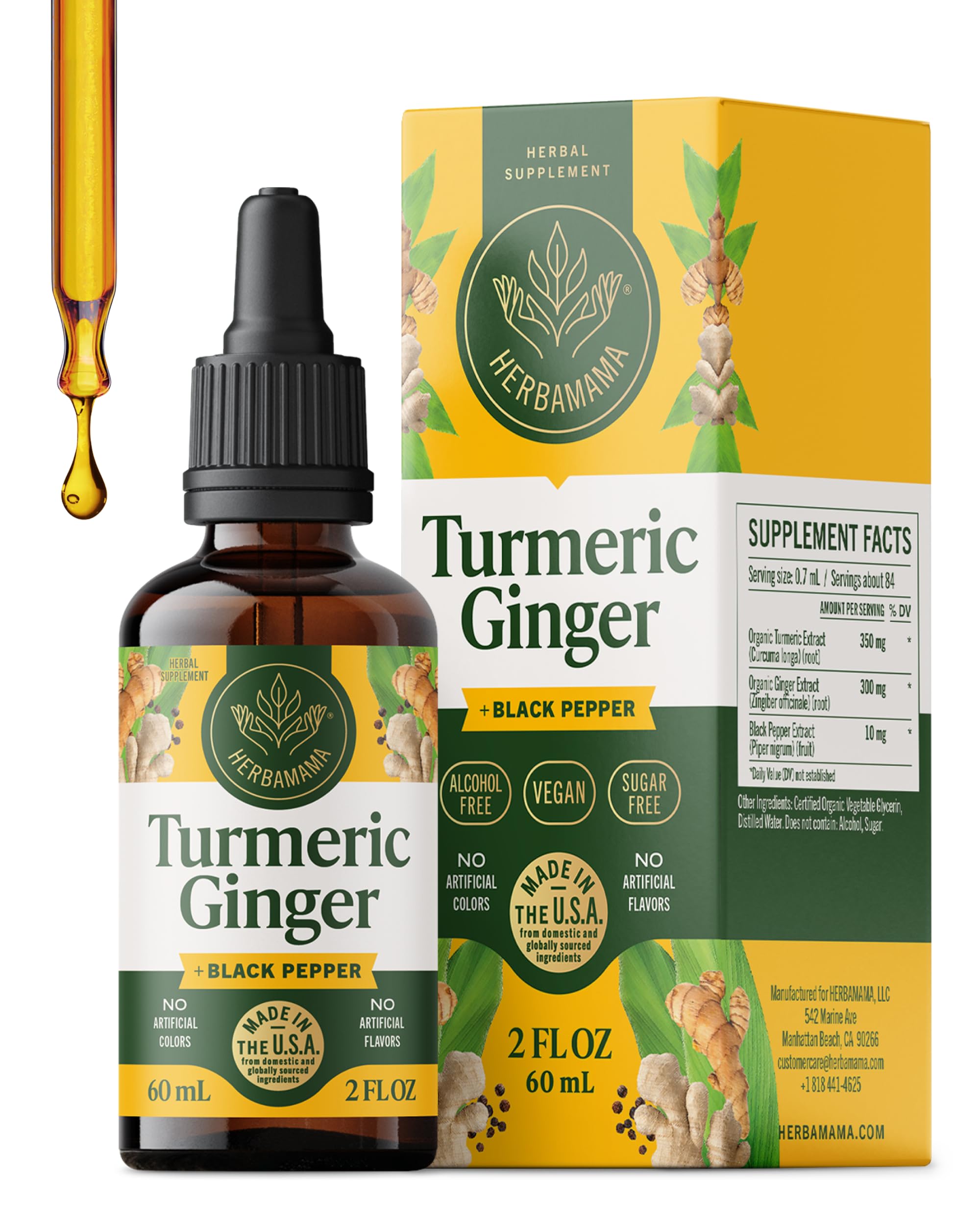 HERBAMAMA Turmeric Curcumin and Ginger Supplement - Vegan Immune Blend with Liquid Ginger Root,Turmeric & Black Pepper Extract - Non-GMO, Alcohol & Sugar-Free Immunity Drops