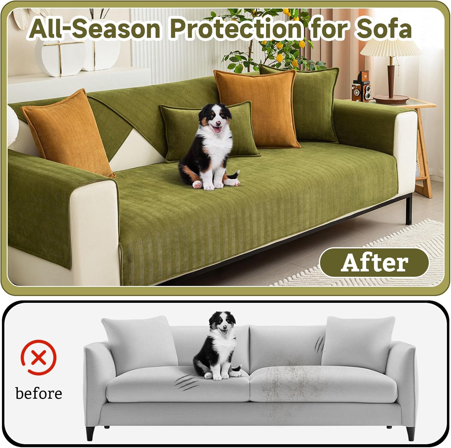 OTOB Chenille Couch Cover for Dogs Washable Non-Slip Sofa Protectors, Pet & Kid-Friendly Dog Couch Seat Covers, Furniture Protector Fits All Sofas Styles, All Seasons(Matcha Green, 28"*59")