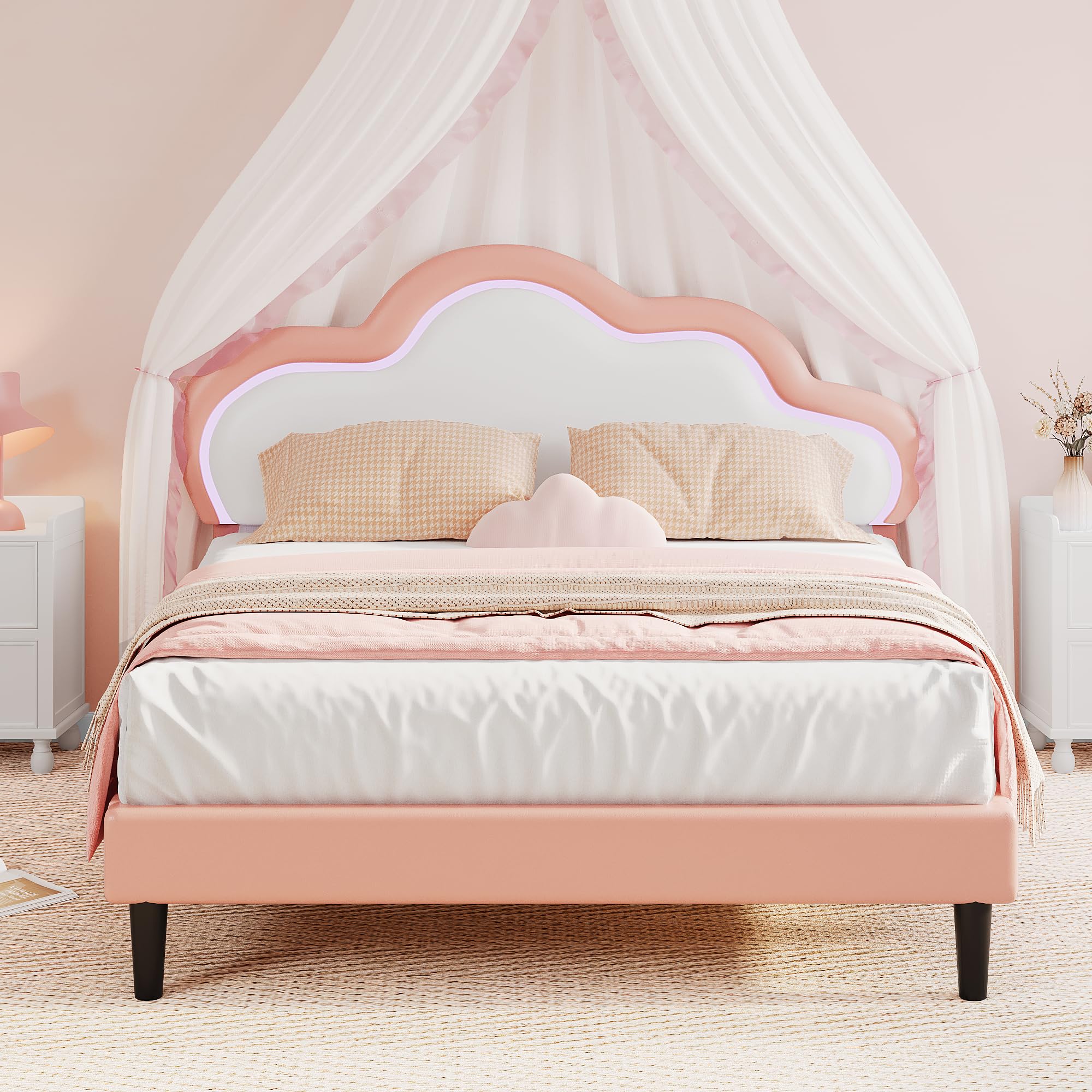DWVO Pink Full Bed Frame with LED Light, Upholstered Bed PU Leather Adjustable Headboard, LED Platform Bed Wooden Slat Support, Easy Assembly, No Box Spring Required