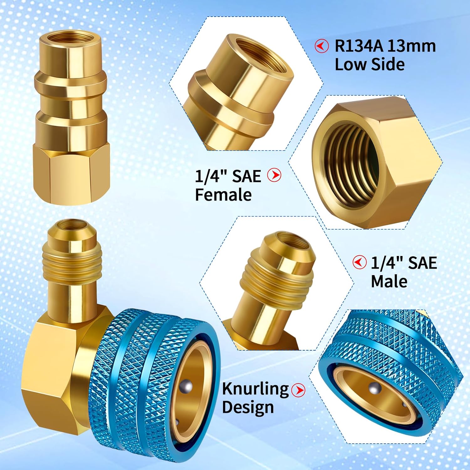 R1234yf to R134a Aadapter, 90 Degrees R134a to R1234yf Adapters, High/Low Pressure Side R1234yf Quick Couplers kit, R1234yf to R134a Conversion Adapters, for Auto Air Conditioning Systems Recharging