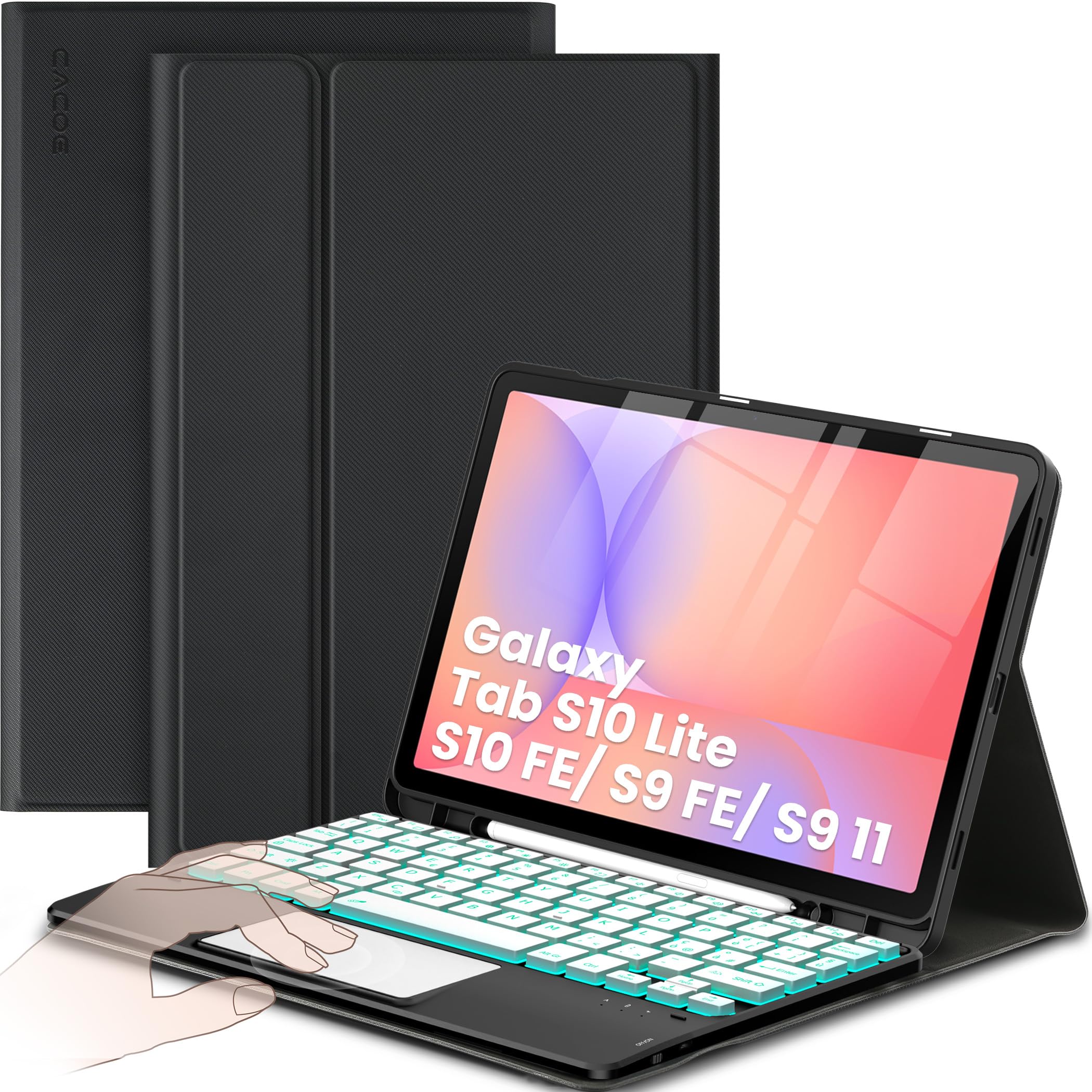 CACOE Cover con Tastiera per Samsung Galaxy Tab S10 Lite / S10 FE / S9 FE/S9 10.9"/11" (2025/2023) con Touchpad, Custodia con Portapenne Tastiera Wireless Staccabile con Illuminazione a 7 Colori, Nero