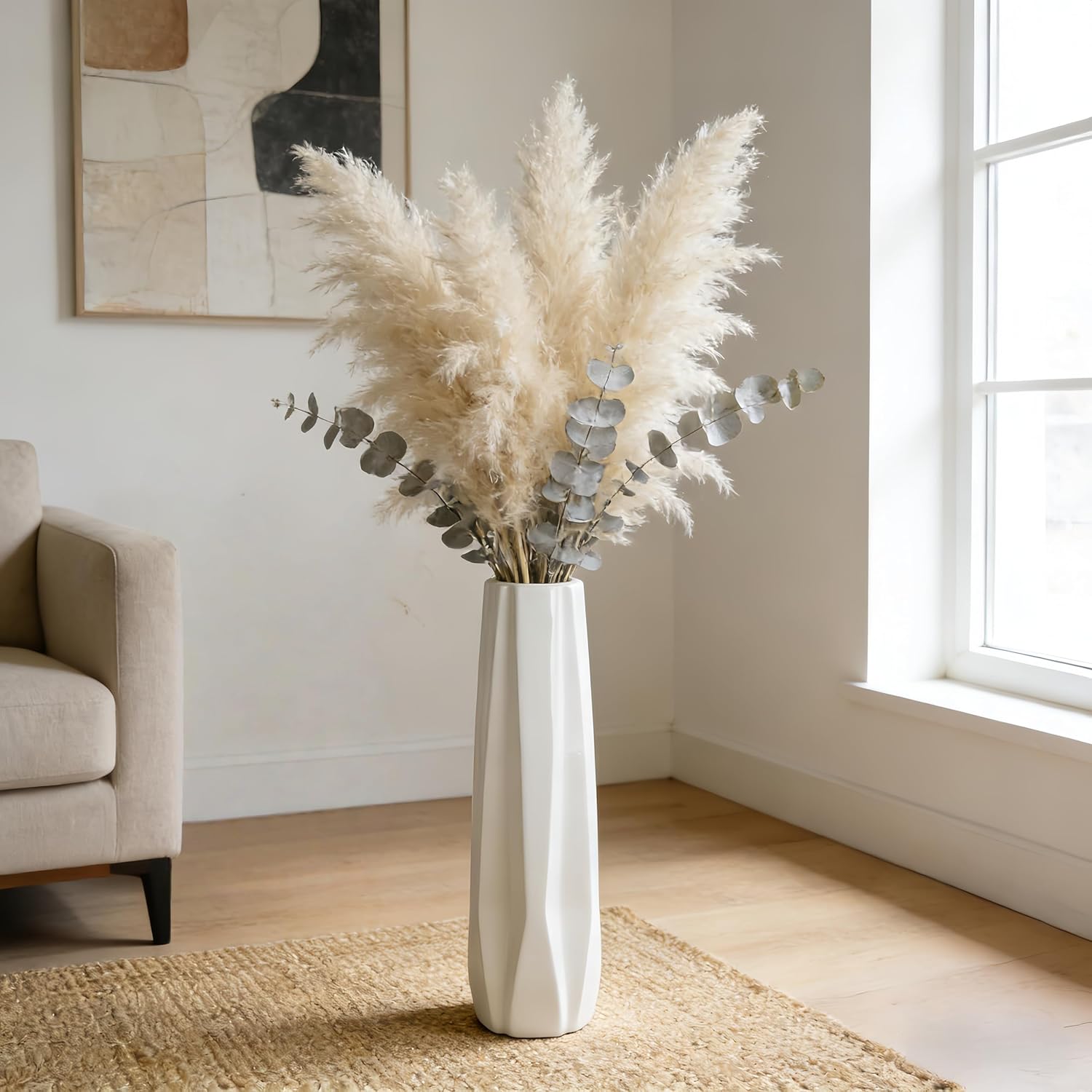 Ceramic Floor Large Vase 24 Inches Tall,White Modern Flower Tall Vases for Office, Home,Farmhouse,Living Room Décor,Simple Origami Design Fall Decorative Porcelain Flower Arrangement Vase Ideal Gift