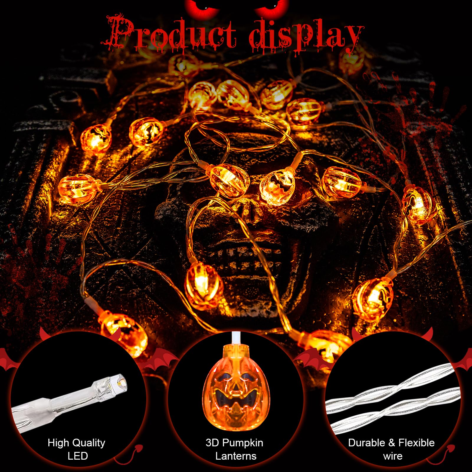 AGOTD Luci Halloween Decorazioni con Zucca, 3M 20 LED luci zucche, Catena Luminosa a Batteria per Decorazione Interno ed Esterno, Addobbi Halloween Casa