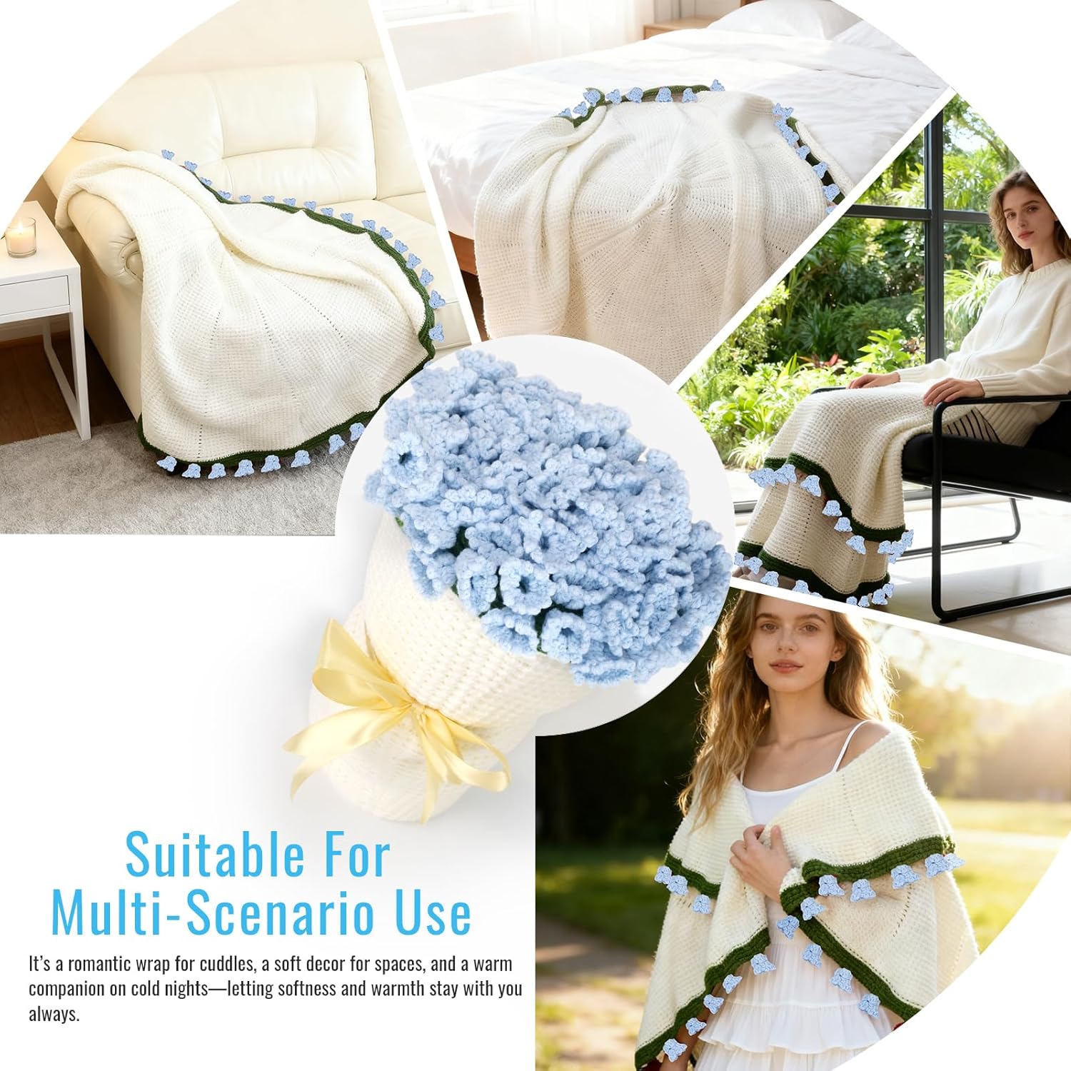 Handmade Crochet Rose Flower Bouquet Blanket - Round, Soft & Lightweight Romantic Gifts for Her, Birthday/Wedding/Valentine’s Day/Mother’s Day Home Decor (Blue, 51 inch)
