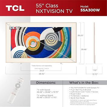 TCL 55 Inch Class NXTVISION Series Picture Frame Art TV | 55A300W, Latest Model | QLED 4K HDR Smart Google TV | 120HZ Dolby Atmos Audio | Alexa Google Apple Streaming Television | Easy Install