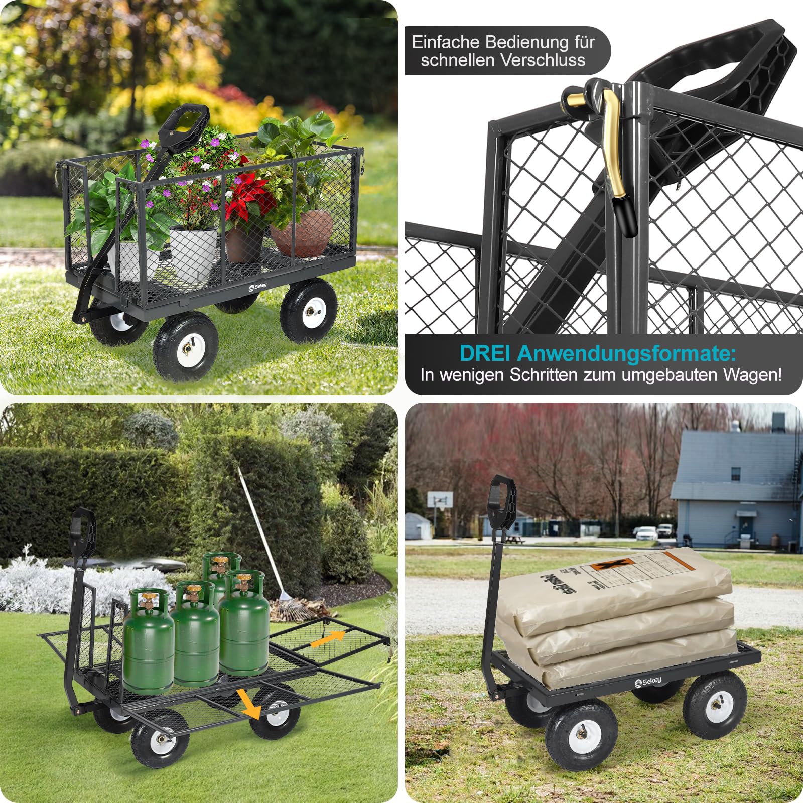 Sekey Bollerwagen Gartenwagen 550KG Belastbar, Transportwagen Transportkarre Gerätewagen mit Patentiertem Handgriff, Vollgummi-Luftreifen, Serie Titan, 200L, Grau