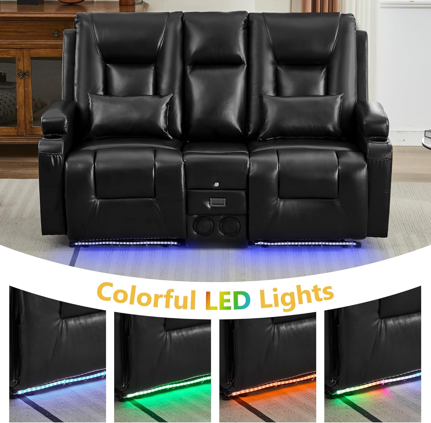 URRED Power Loveseat Recliner Sofa with Console, Wall Hugger Reclining Loveseat RV Couch with LED Light, 150° Zero Gravity Recliners Modular Couches for Living Room (Glossy Black, 68.1'' - 2 Seats)
