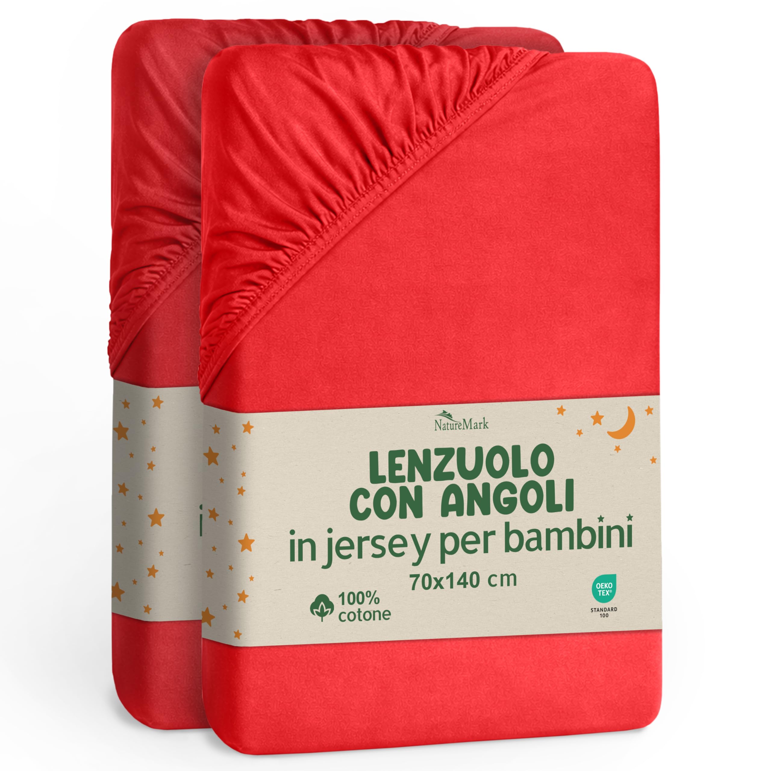 NatureMark Lenzuolo con angoli elasticizzati per bambini, 70 x 140 cm, morbido jersey, 100% cotone, set da 2 per culla e culla, rosso