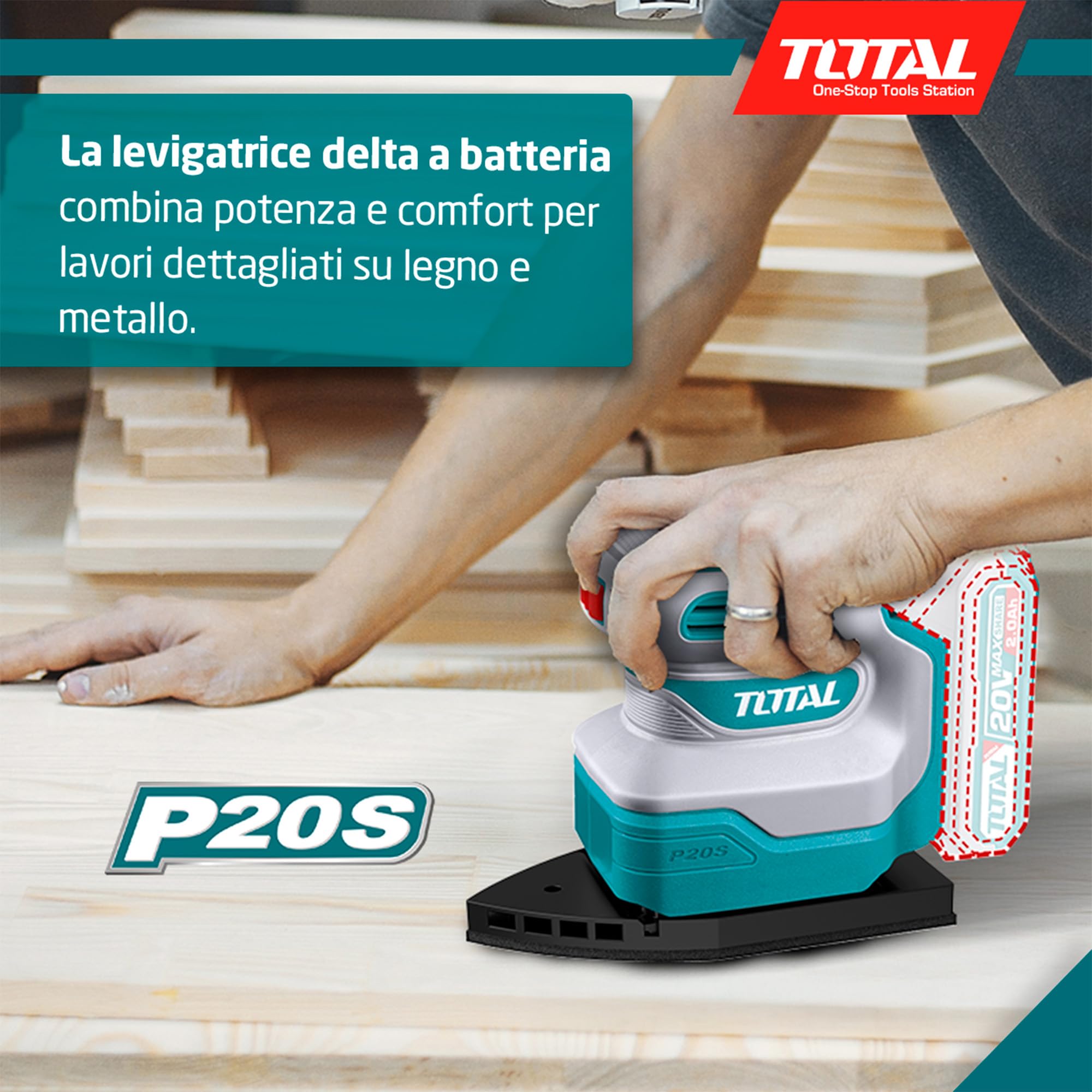 TOTAL - Levigatrice Delta a batteria | Batteria da 20V a lunga durata | Facile da usare | Include 3 tamponi e 3 carte abrasive Delta | Perfetta per angoli e bordi | Velocità a vuoto 12.000 giri/min
