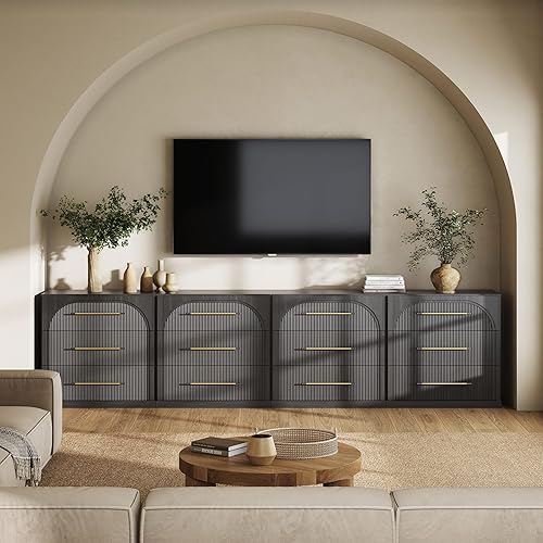 Miniatura 19 de BELLEZE Aparador Modular Acanalado Buffet con Almacenamiento, Mesa Consola Moderna de Mediados de Siglo con Puertas Arqueadas Simétricas, Elegante