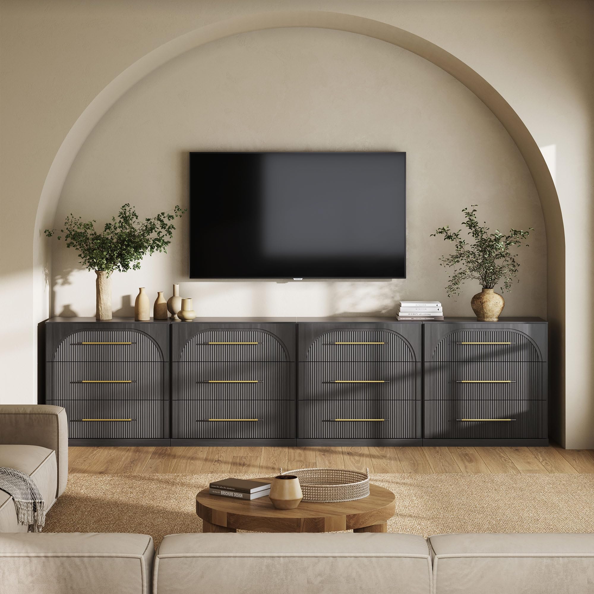 BELLEZE 65 Inch Fluted Buffet Cabinet with Storage, Symmetrical Arc Accent Sideboard Large Console Table for Dining Room, Kitchen, and Living Room (Camel) — view 68