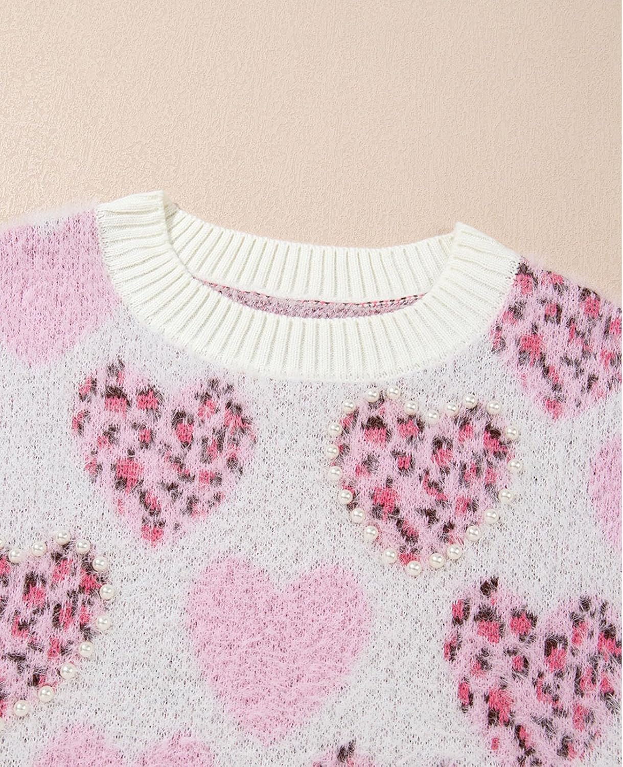 SELINK Women's Fuzzy Heart Sweater V Neck Pearl Drop Shoulder Casual Long Sleeve Valentines Sweaters Pullover Tops - Image 6