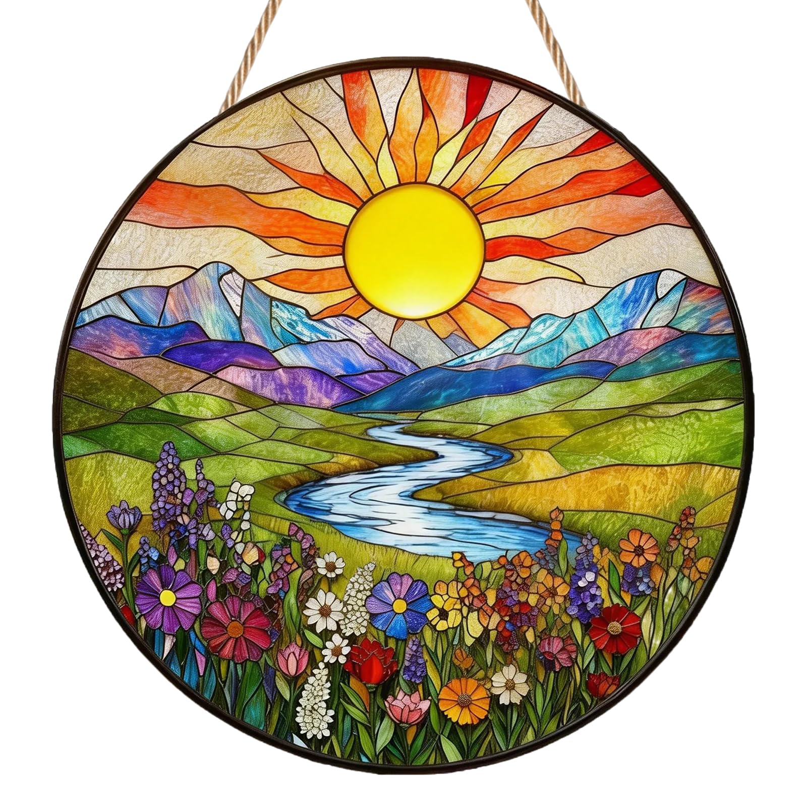 Sun Sun Catchers for Windows, 20x20CM Stained Glass Window Hanging, Sun River Suncatchers for Windows, 2D Flat Hanging Garden Ornament Suncatchers, Acrylic Garden Wall Art Outdoor