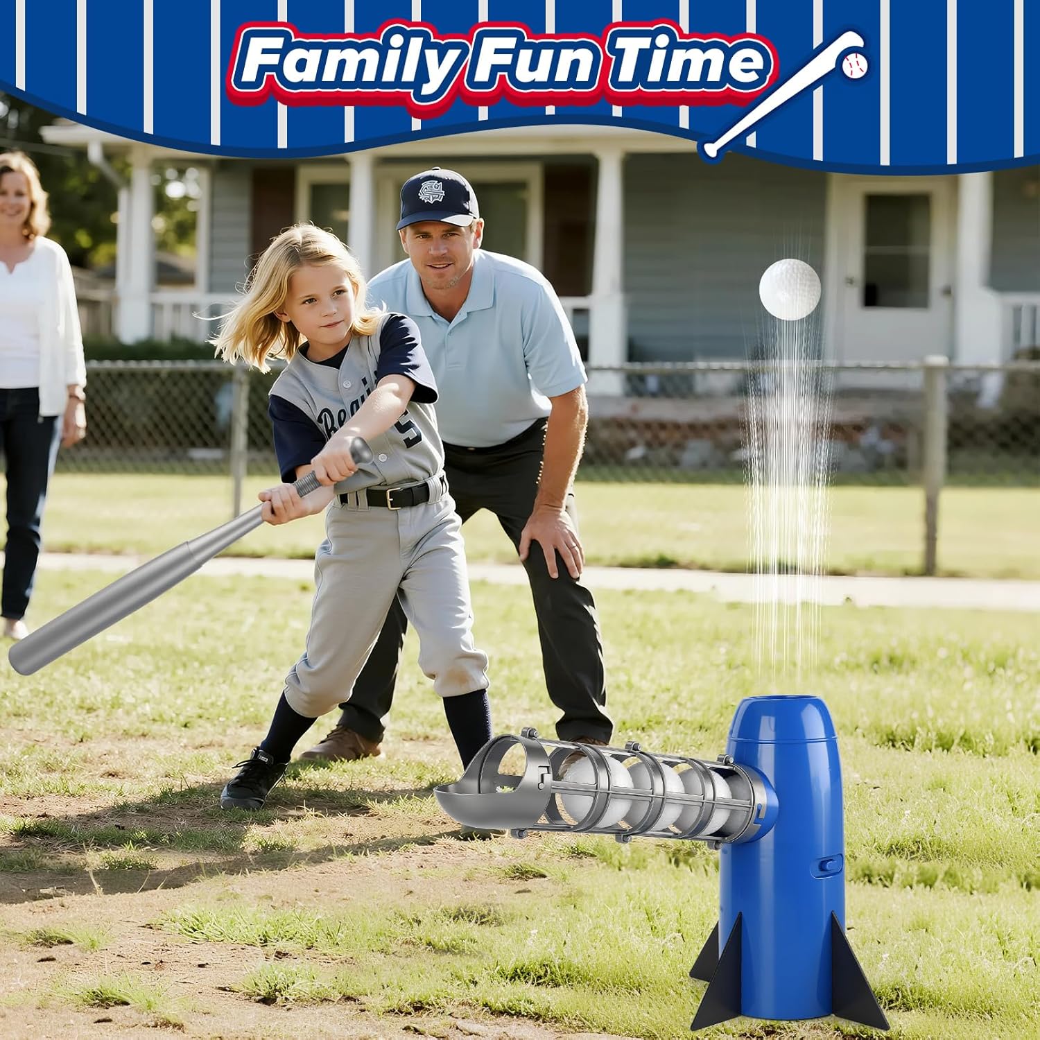 Auto Kids Baseball Pitching Machine, Automatic Baseball Launchers for Kids 6-8, Batting Practice Equipment with 5 Plastic Balls & Bat, Pop Up Tball Trainer, Blue