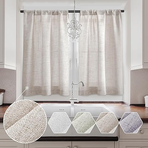 Miniatura 10 de Cortinas de lino semitransparentes con textura de cocina, 36 pulgadas de largo, cortinas pequeñas con bolsillo para barra, cortinas para cafetería
