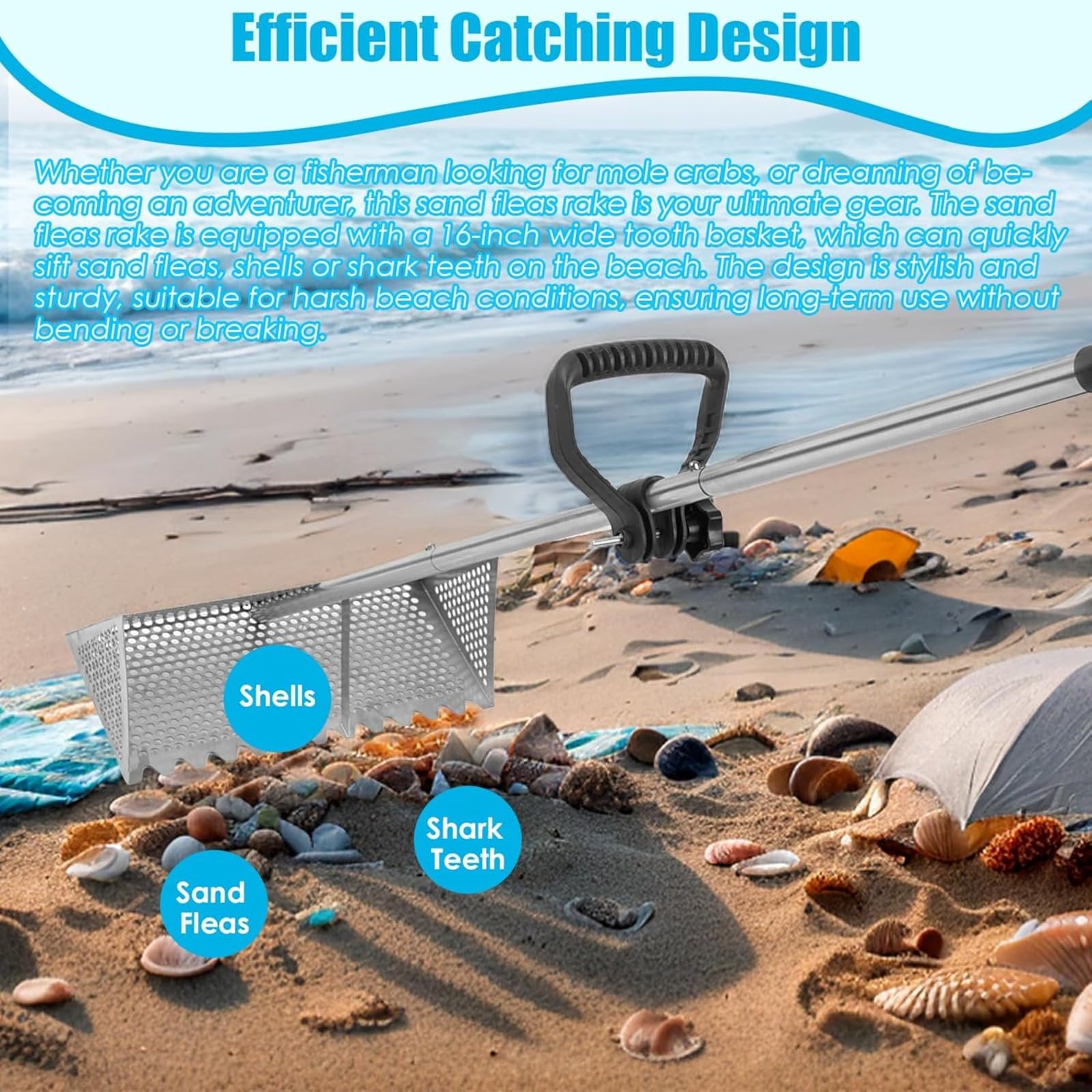 Pullo di Sabbia rastrellano di Sabbia di in Acciaio al Carbonio con Denti contundente e setaccio Staccabile per Impugnatura Non Slip per Giardino da Spiaggia