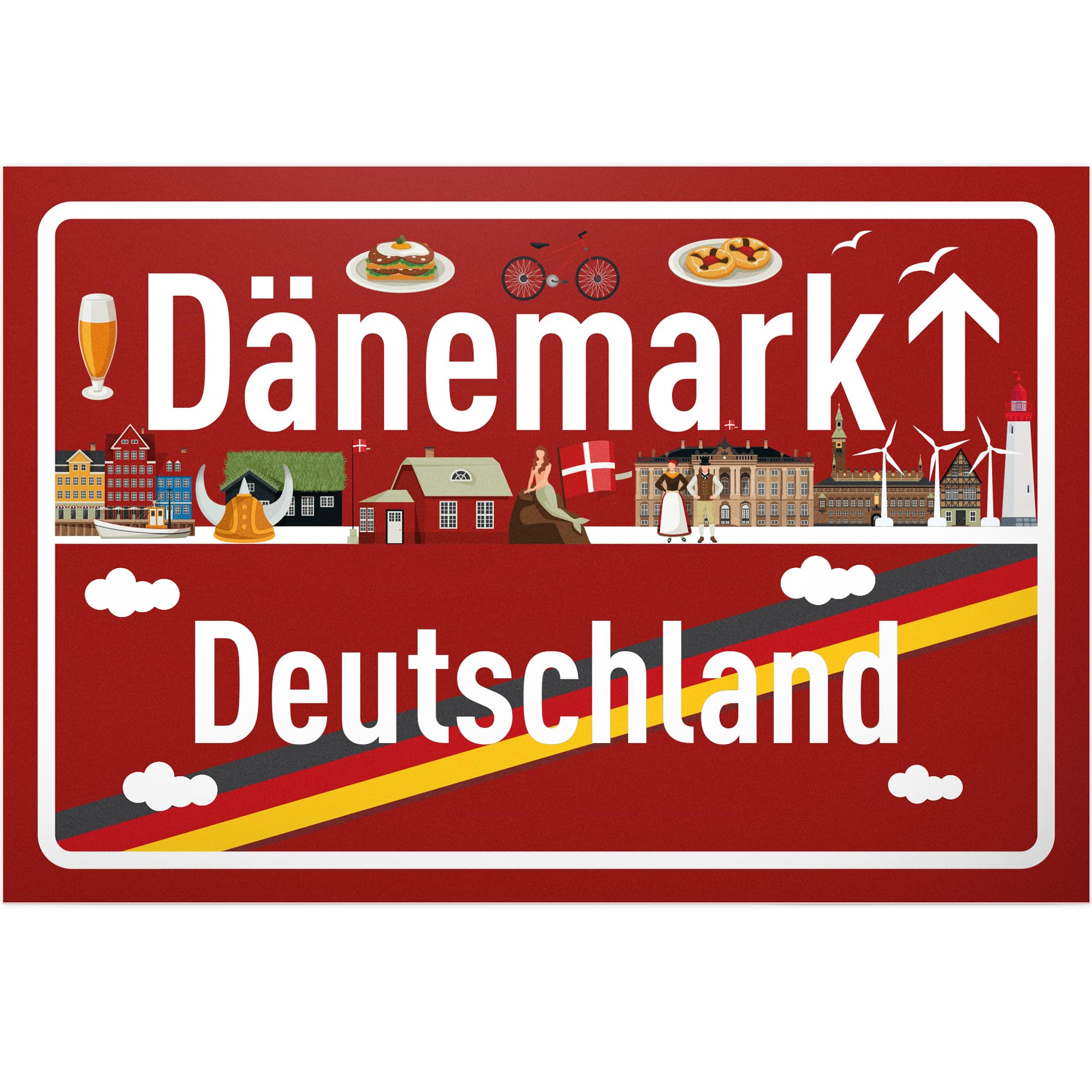 Dänemark Deutschland Ortsschild - Schild 30 x 20 cm - Geschenk Idee Gutschein Reise Urlaub Reisegutschein Männer & Frauen Geldgeschenk Abschiedskarte Geschenkidee Deko Karte