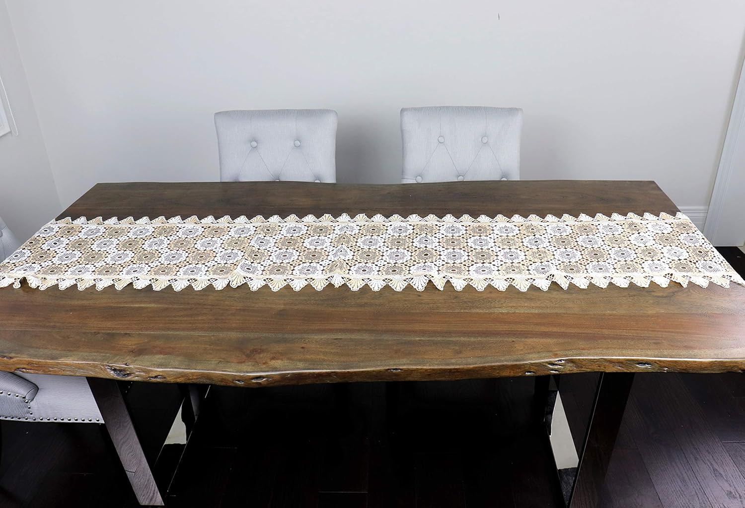 Marina Decoration Vintage Elegant Embroidered Cutwork Kitchen Dining Dresser Scarf and Table Runner, Interlaced Taupe and White Lace Circles 16 x 36 Inch Rectangle for Small Coffee Tea Table and Night