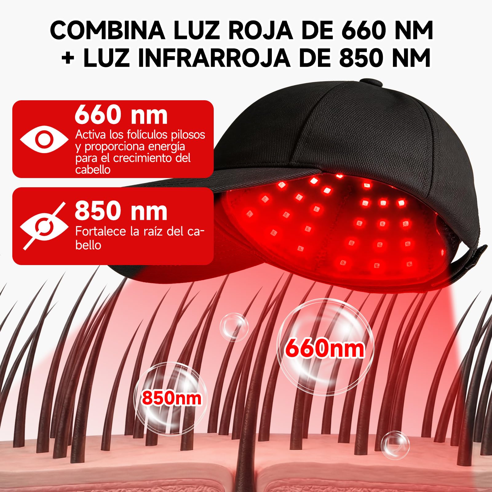 Gorra para Crecimiento del Cabello 660 nm 850 nm 7 Modos Dispositivo Láser