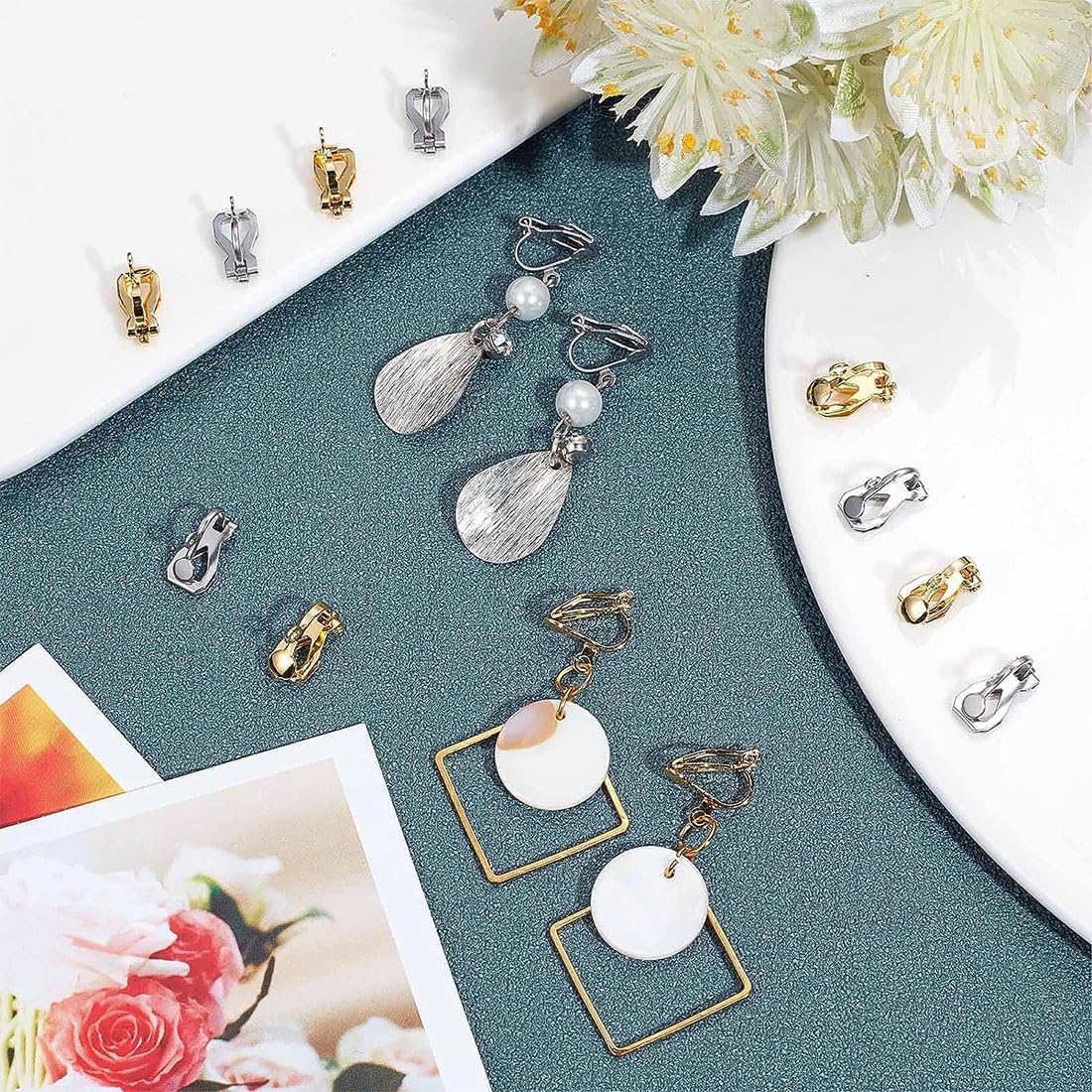 Set de 20 Pendientes con Clip, en Acero Inoxidable Dorado y Componentes Convertidores de Pendientes para Orejas no Perforadas,