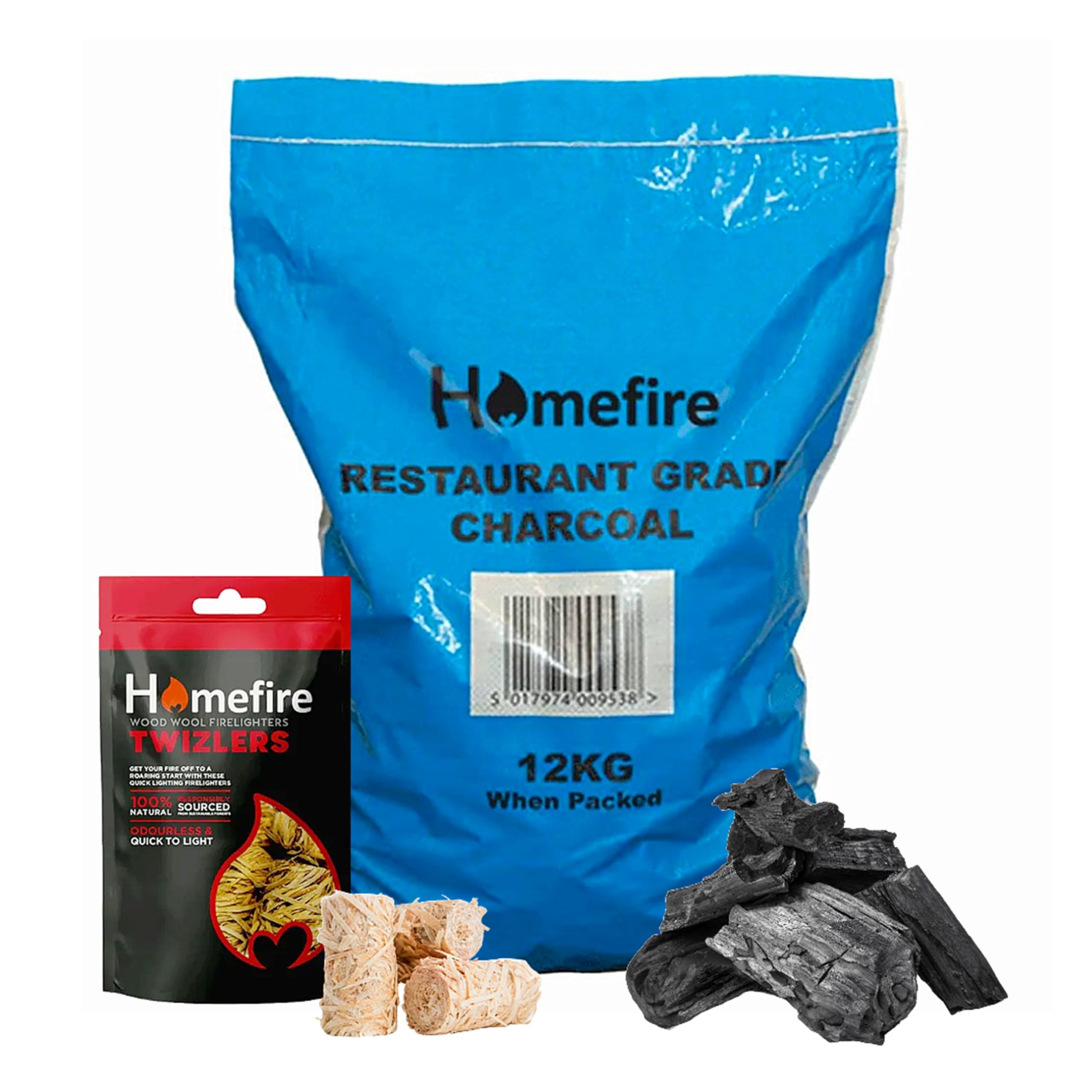 BBQ Bundle of Restaurant Grade Lumpwood Charcoal 12kg, Natural Firelighters 300g & Topline Card - Perfect Fire Starter kit for Outdoor Barbecues, Camping BBQs