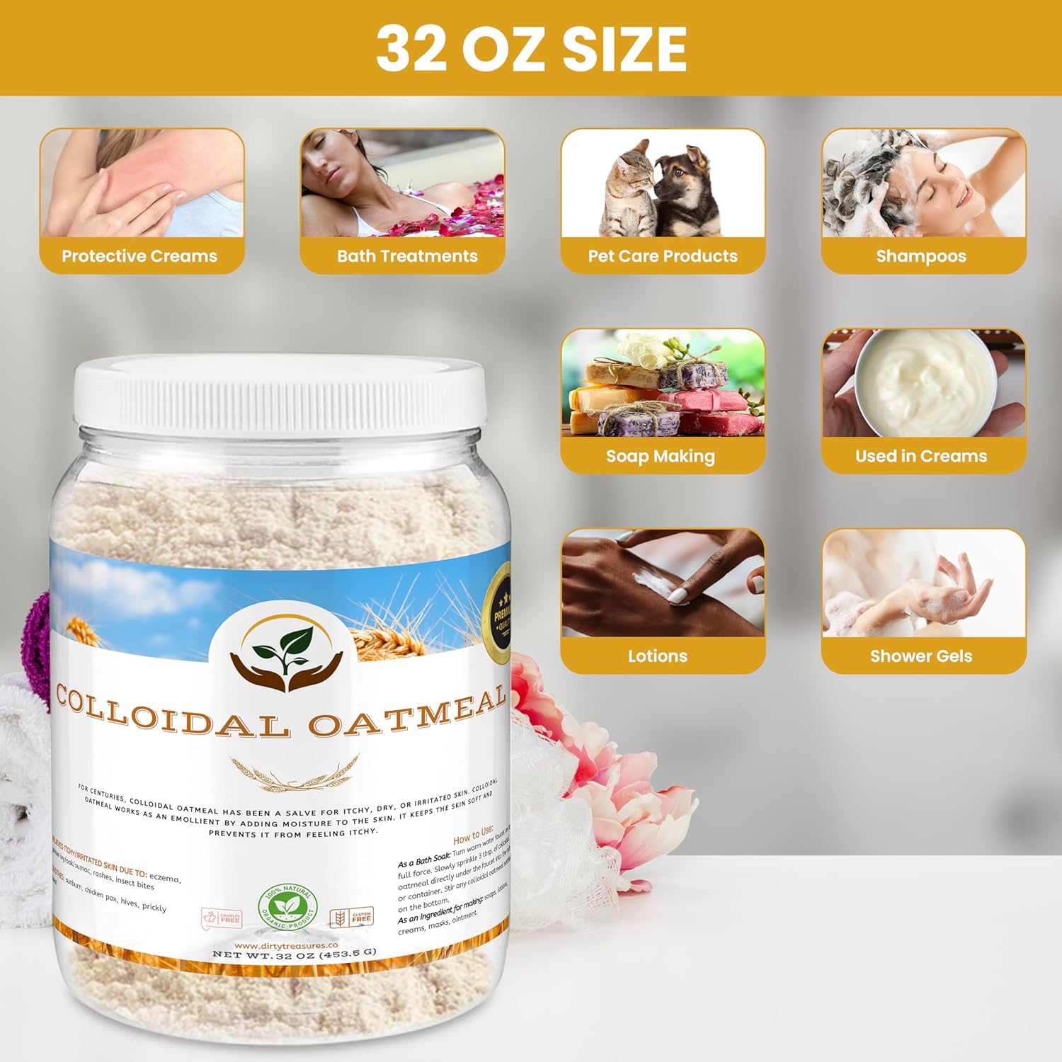 Dirty Treasures Colloidal Oatmeal Bath | Eczema & Itchy Skin Relief | Baby-Safe, 100% Natural, Fragrance-Free | 2 lb (32oz) - Image 4