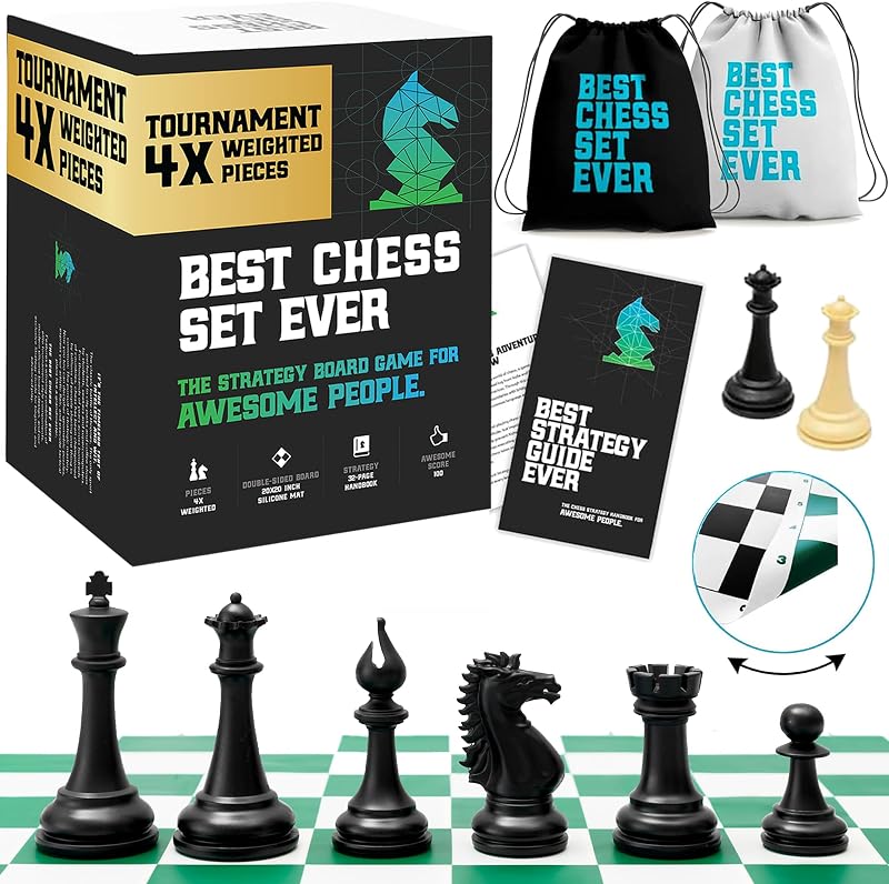 El mejor juego de ajedrez de todos los tiempos Juego de ajedrez profesional 4X con piezas Staunton ponderadas | Tablero de silicona de doble cara de 20 x 20, 4 piezas con peso, guía de estrategia de 32 páginas y bolsa de almacenamiento.