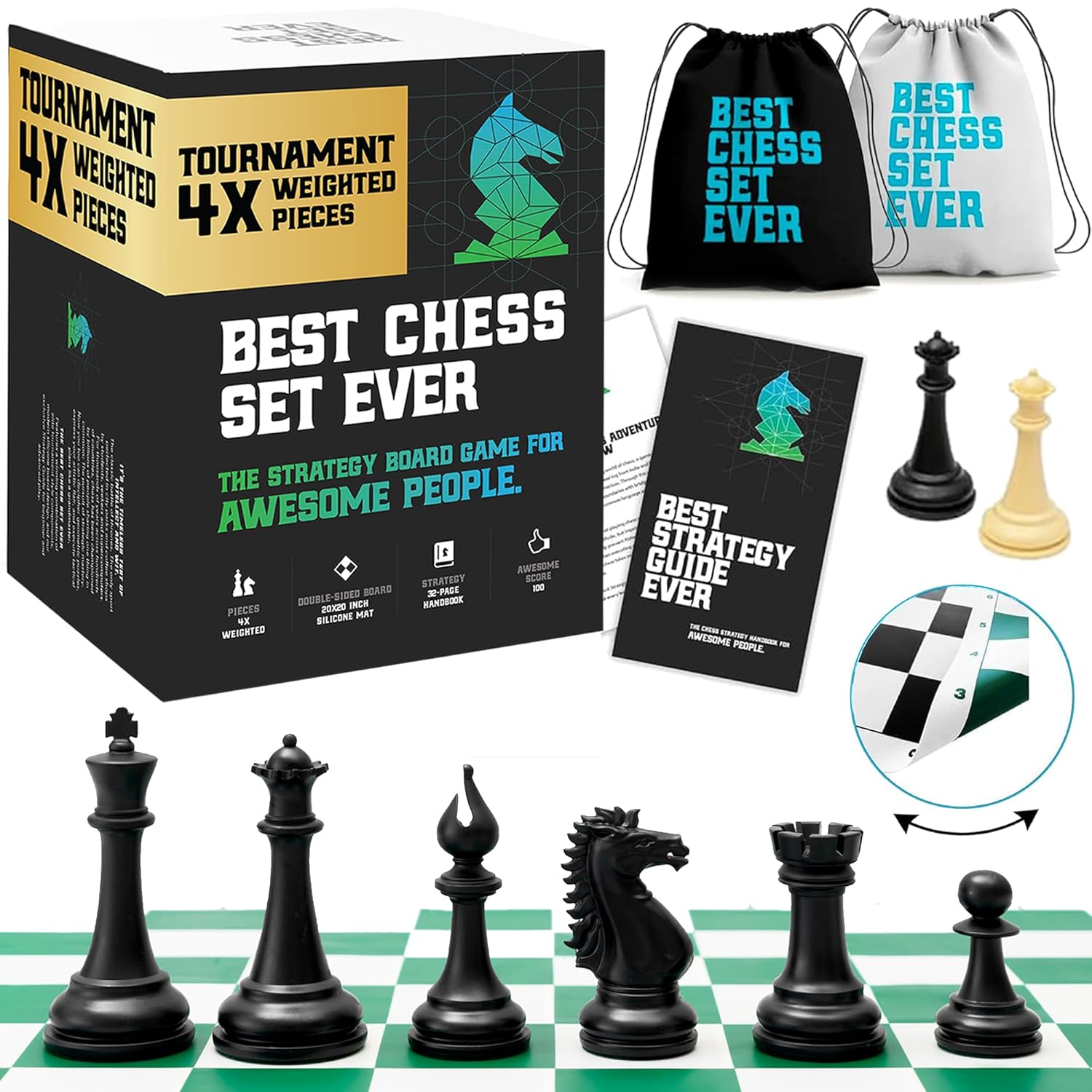 Chess set with large Staunton pieces and foldable silicone board