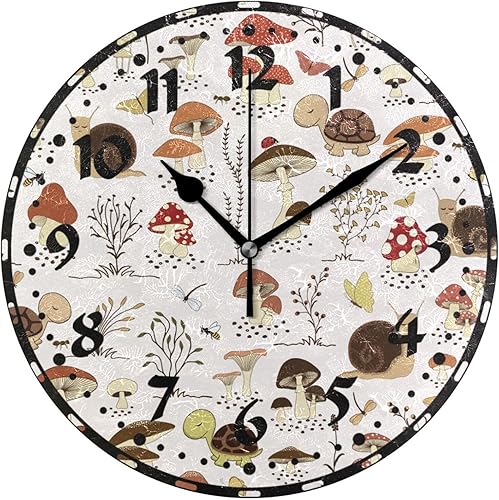 xigua Reloj de pared con diseño de hongos de dibujos animados, silencioso sin tictac de 10 pulgadas, funciona con pilas, reloj fácil de leer para