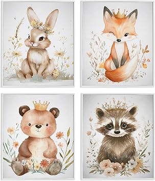Whimsical Crowned Baby Animals, 16 x 20 Inch Framed Giclee Print Set