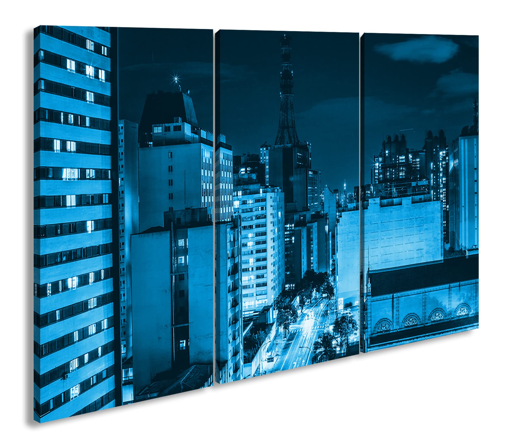 Strade luminose della città, formato: 3 pezzi, 120 x 80 cm, effetto: disegno come tela, motivo incorniciato su telaio in vero legno, stampa digitale di alta qualità con cornice, nessun poster o poster