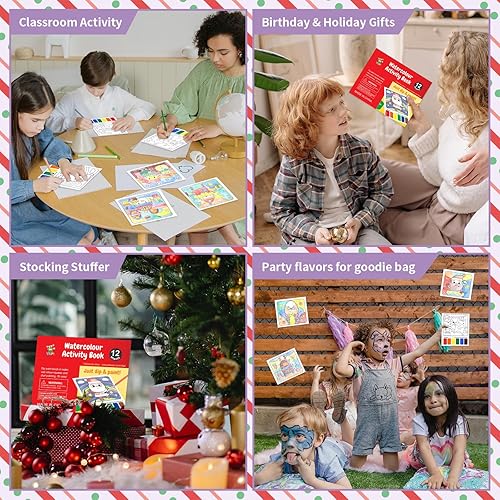 Miniatura 7 de VKPI Libros de actividades para colorear al agua, libros de pintura de acuarela de Navidad para niños, 12 hojas de dibujo sin desorden, con 2