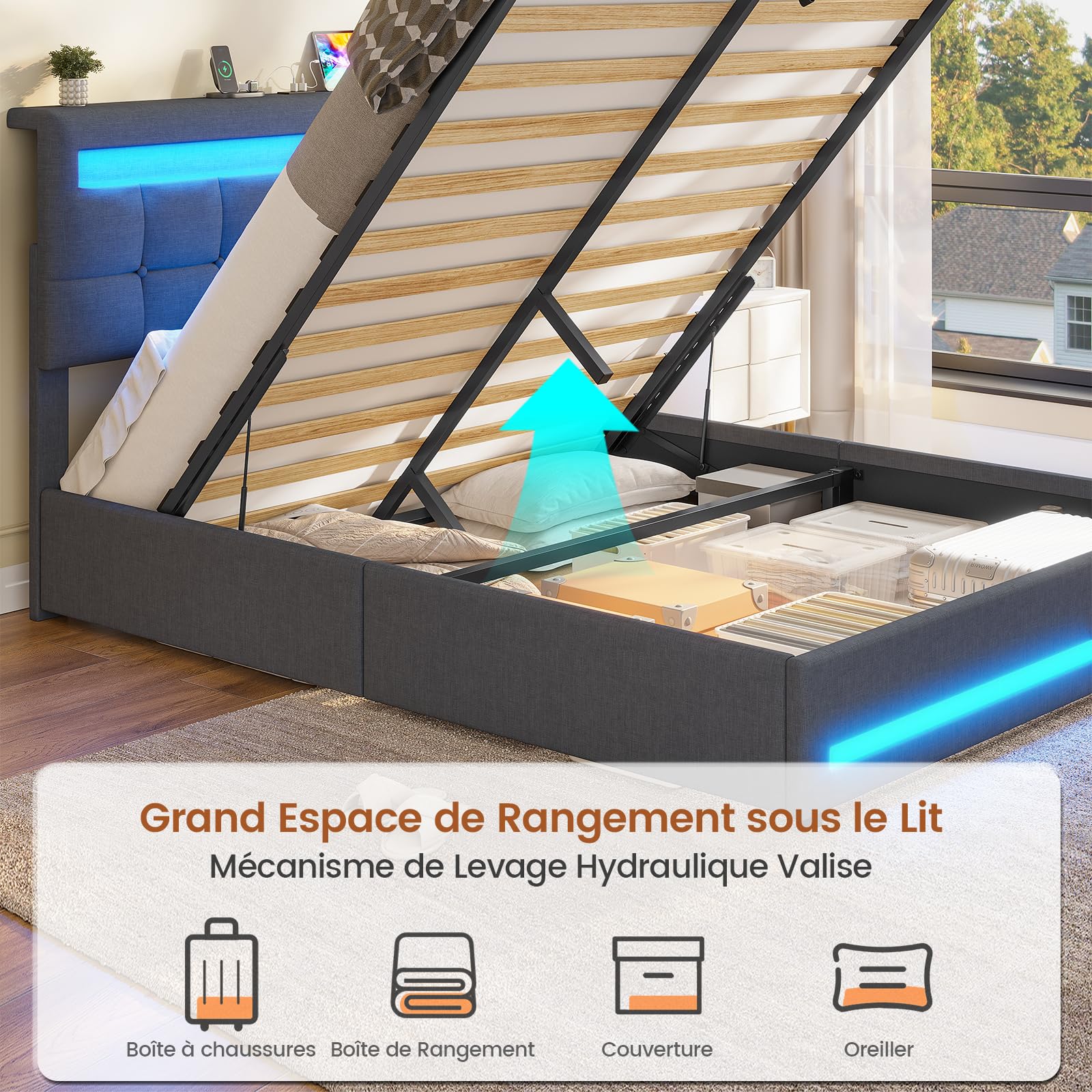 AOGLLATI Lit Coffre 140×190 cm avec LED et Ports USB, Lit Double Rembourré avec Rangement hydraulique, tête de lit réglable en Hauteur, Sommier à Lattes, Facile à Assembler, Gris Foncé（sans Matela）