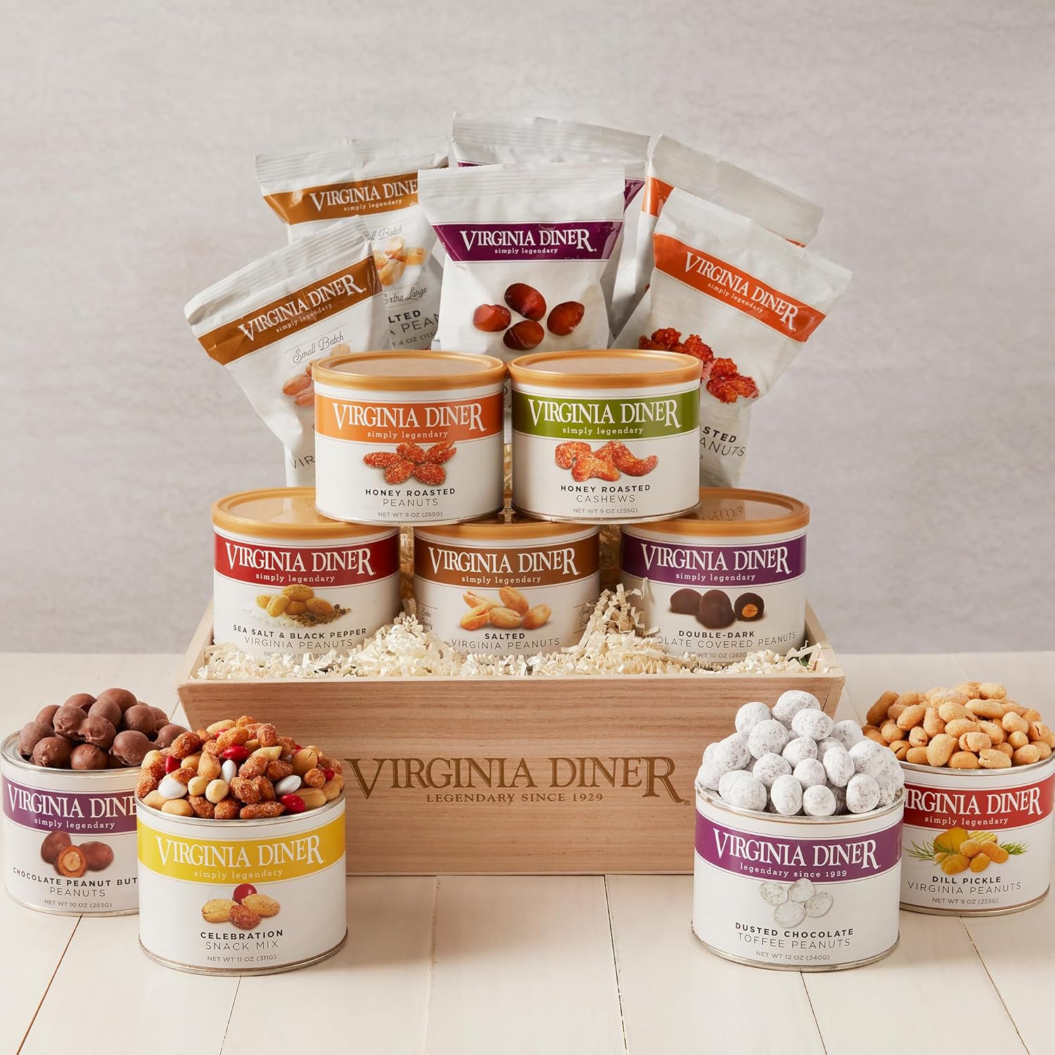 Virginia Diner Crafted Cravings Gift Set in Wooden Crate, 9 Assorted Nuts, Mixes and Chocolates, Over 6 Lbs
