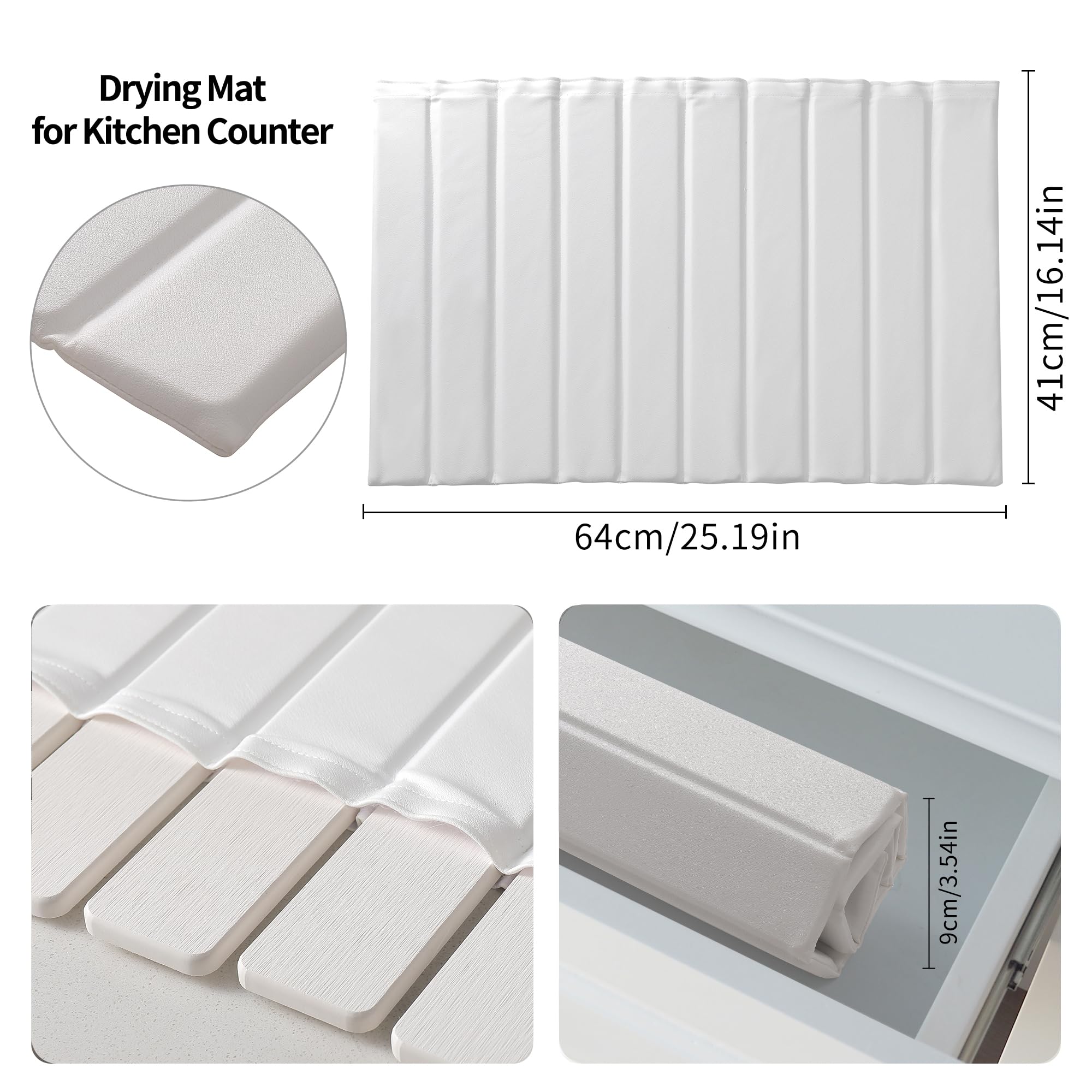 Tapis de séchage en pierre pour comptoir de cuisine, Tapis de séchage instantané egouttoir diatomite, tapis de séchage pliable et super absorbant pour Vaisselle et Tasses (Blanc B, 63*40cm)