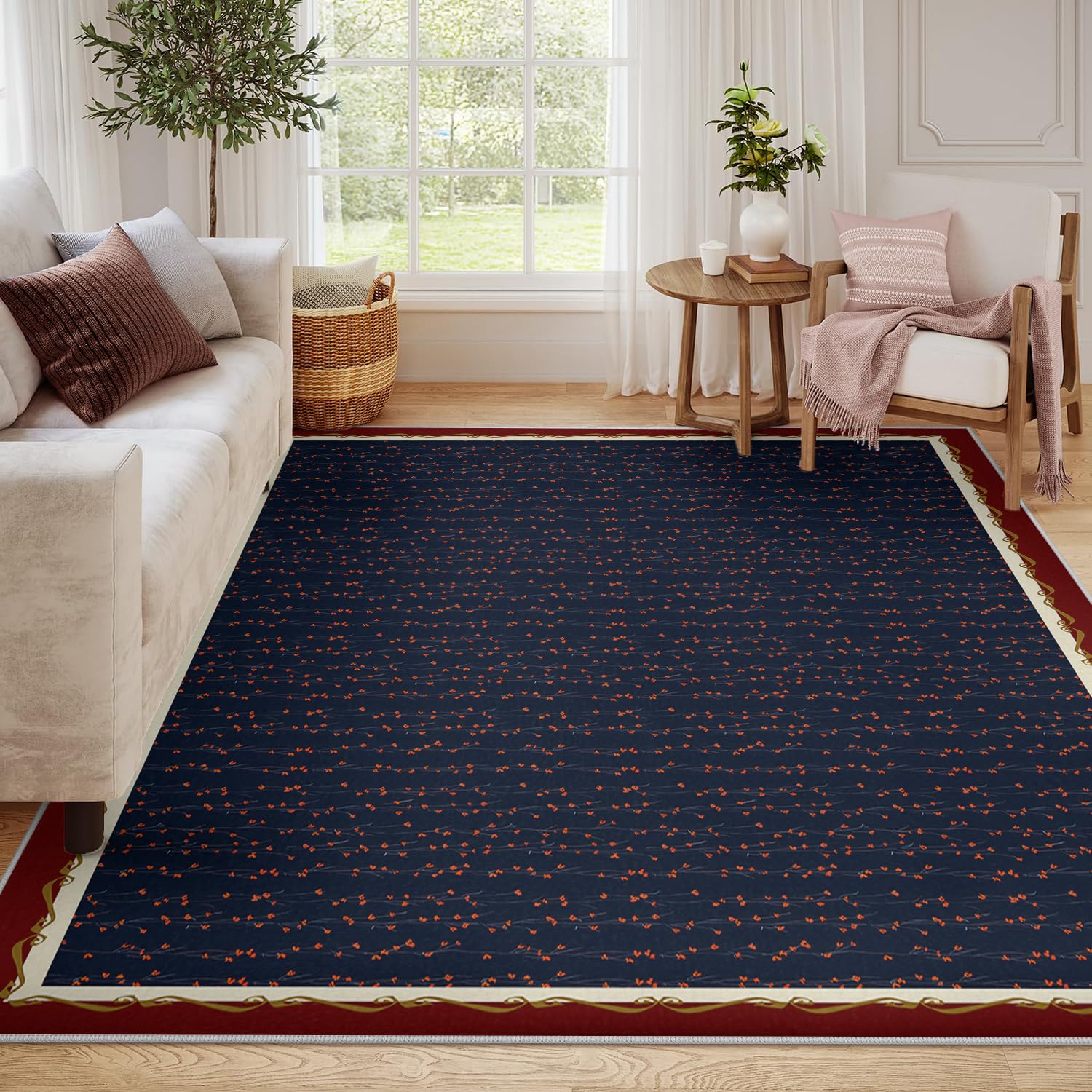 Grand tapis salon 140x200cm lavable à motif floral bleu foncé bohème pour chambre