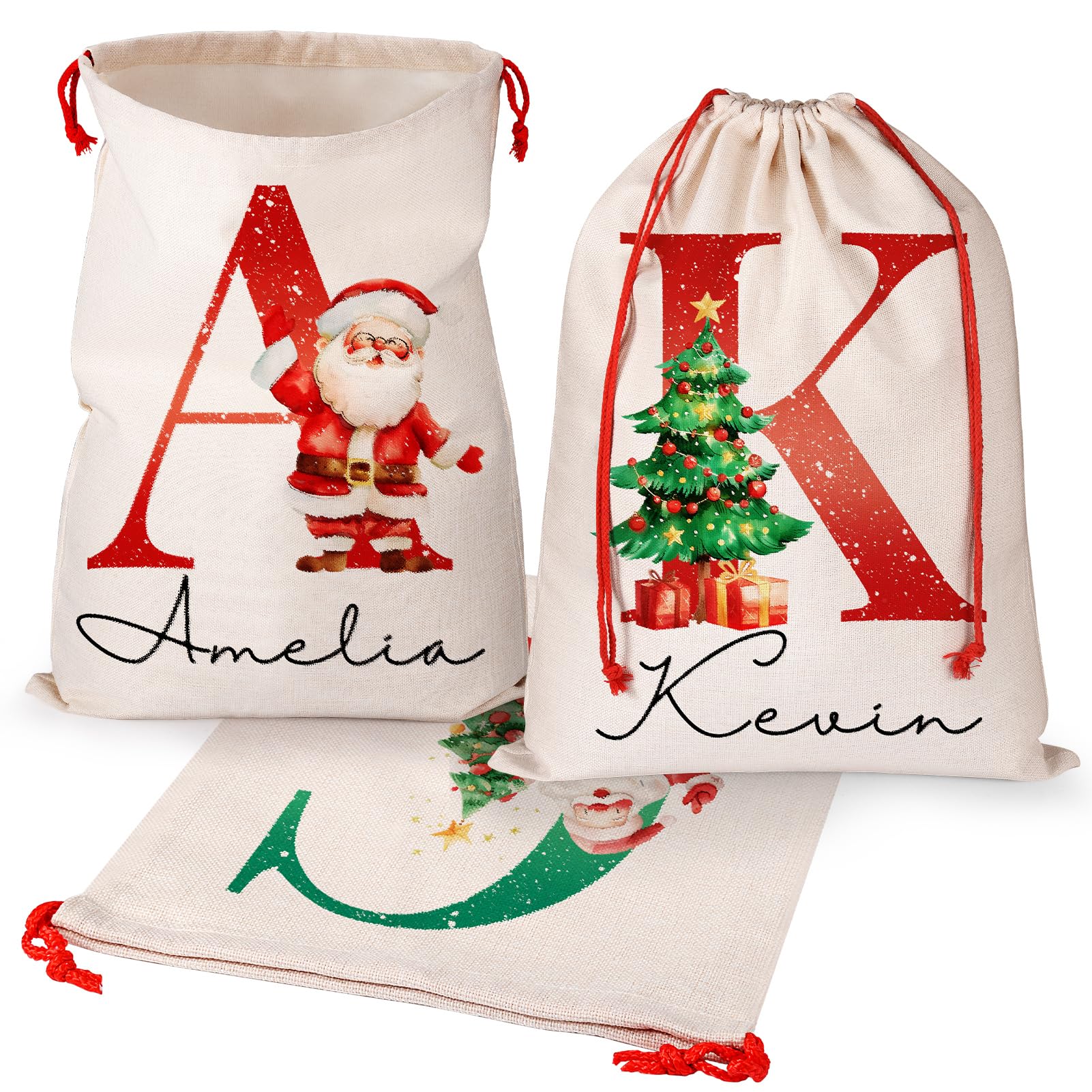 HooAMI 5 Pack Personalized Santa Sacks Drawstring Christmas Bags with Initial Name - Reusable Christmas Gifts Bags, Custom Large Santa Bag for Xmas Gifts Package Storage, Christmas Sacks for Presents