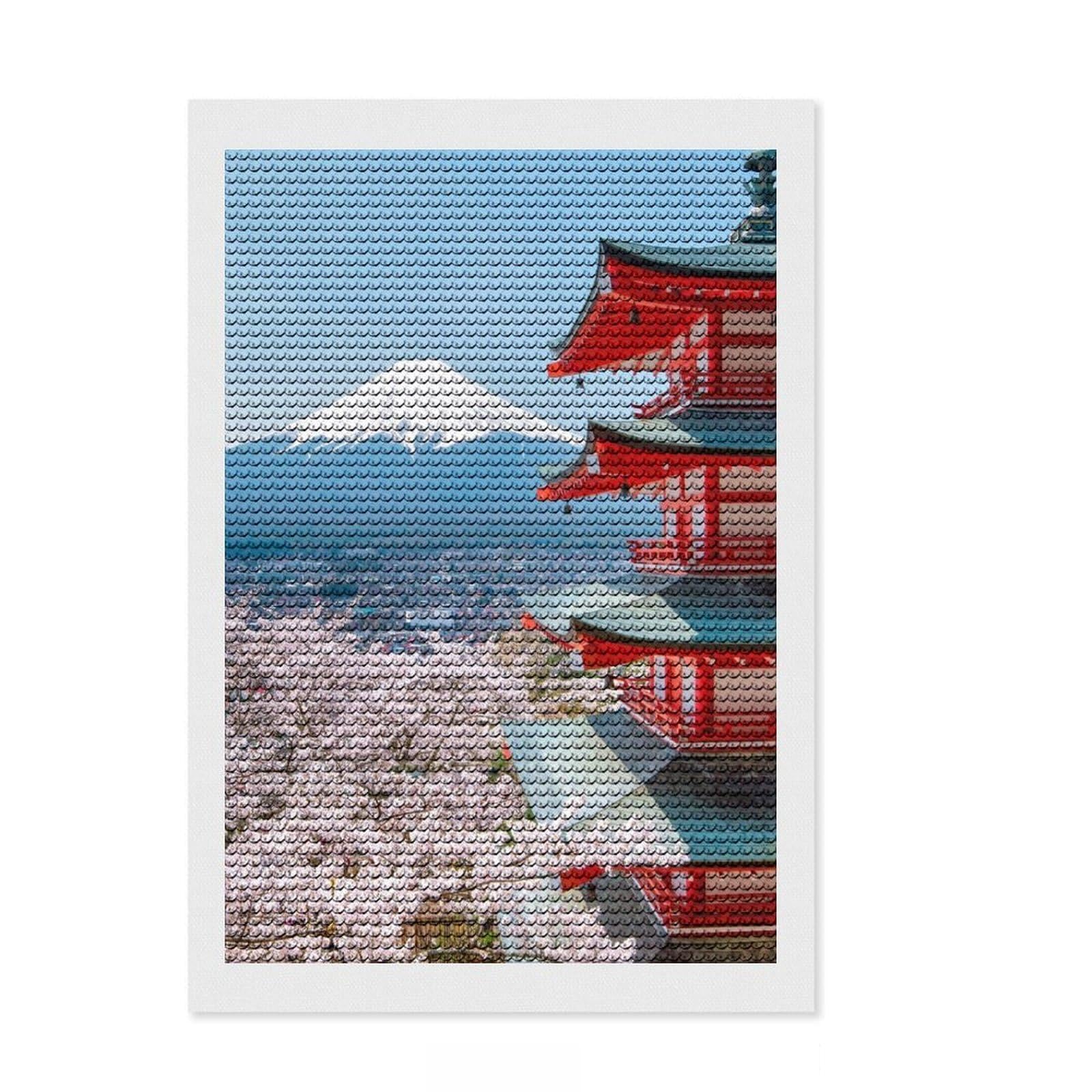 Junmoney Mt Fuji and Peace Pagoda Round Drill Diamond Painting 8"x12", Gift Idea, for Teens, Fun Craft Experience, Aesthetic Room Decor