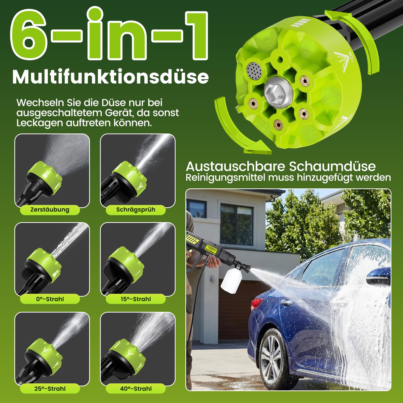 Akku Hochdruckreiniger Kompatibel mit Makita Akku, 270L/H Mobiler Akku Druckreiniger mit 2x4Ah Akku, mit Absperrventil, 6-in-1 und Düse & 5M Schlauch, für Auto Garten Reinigung und Bewässerung
