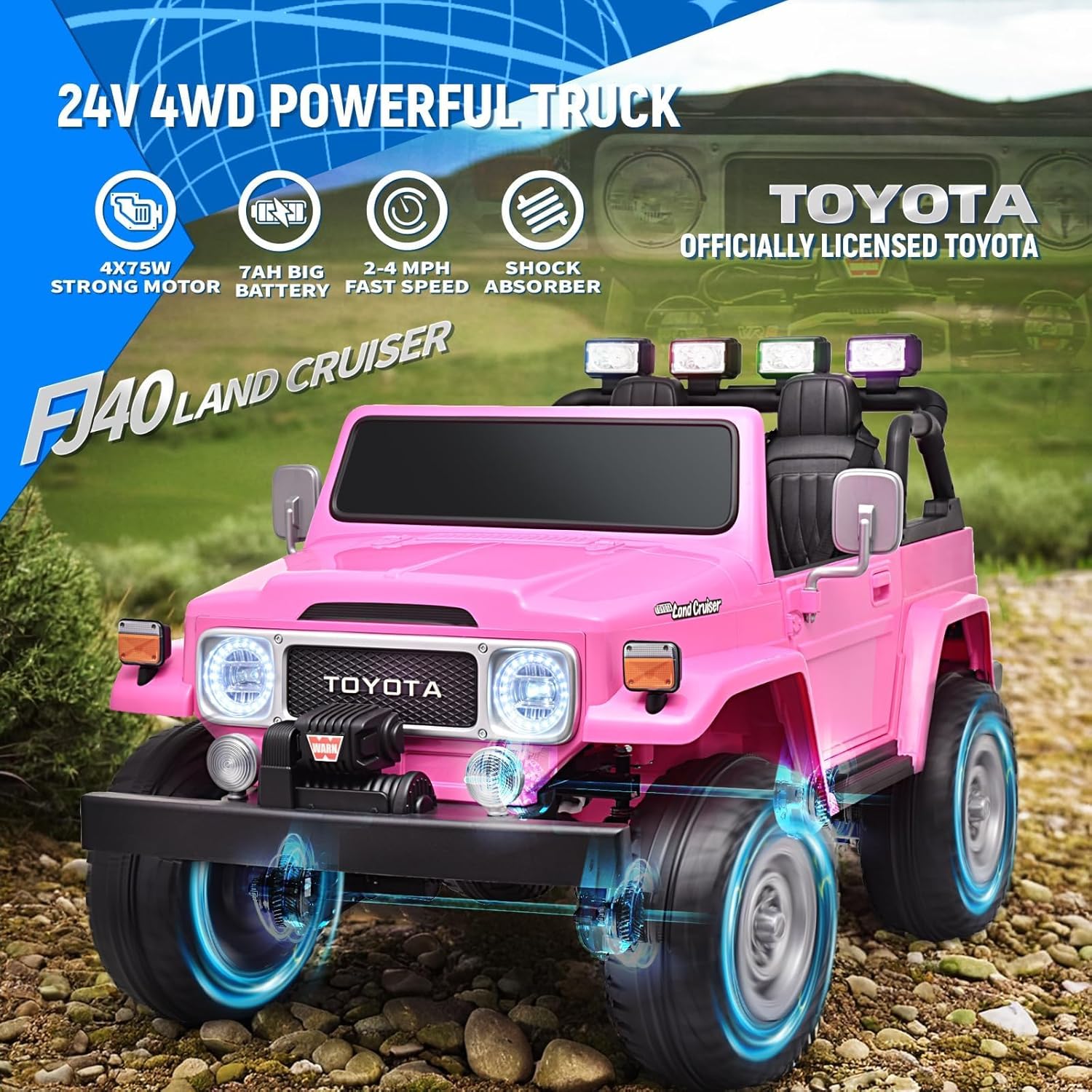 Joywhale 24V 2 Seater Kids Ride on Truck Licensed Toyota Land Cruiser FJ40 4WD Battery Powered Electric Car, with 4x75W Engine, Remote Control, Soft Braking, Easy-Drag, Suspension & Car Cover, Pink