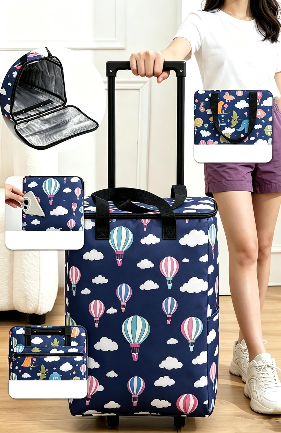 Foldable Shopping Cart with Wheels, Rolling Shopping Bag, Collapsible Grocery Cart, Portable Shopping Trolley, Folding Trolley Cart, Rolling Tote for Travel, Camping (Upgrade Version Deep Blue)