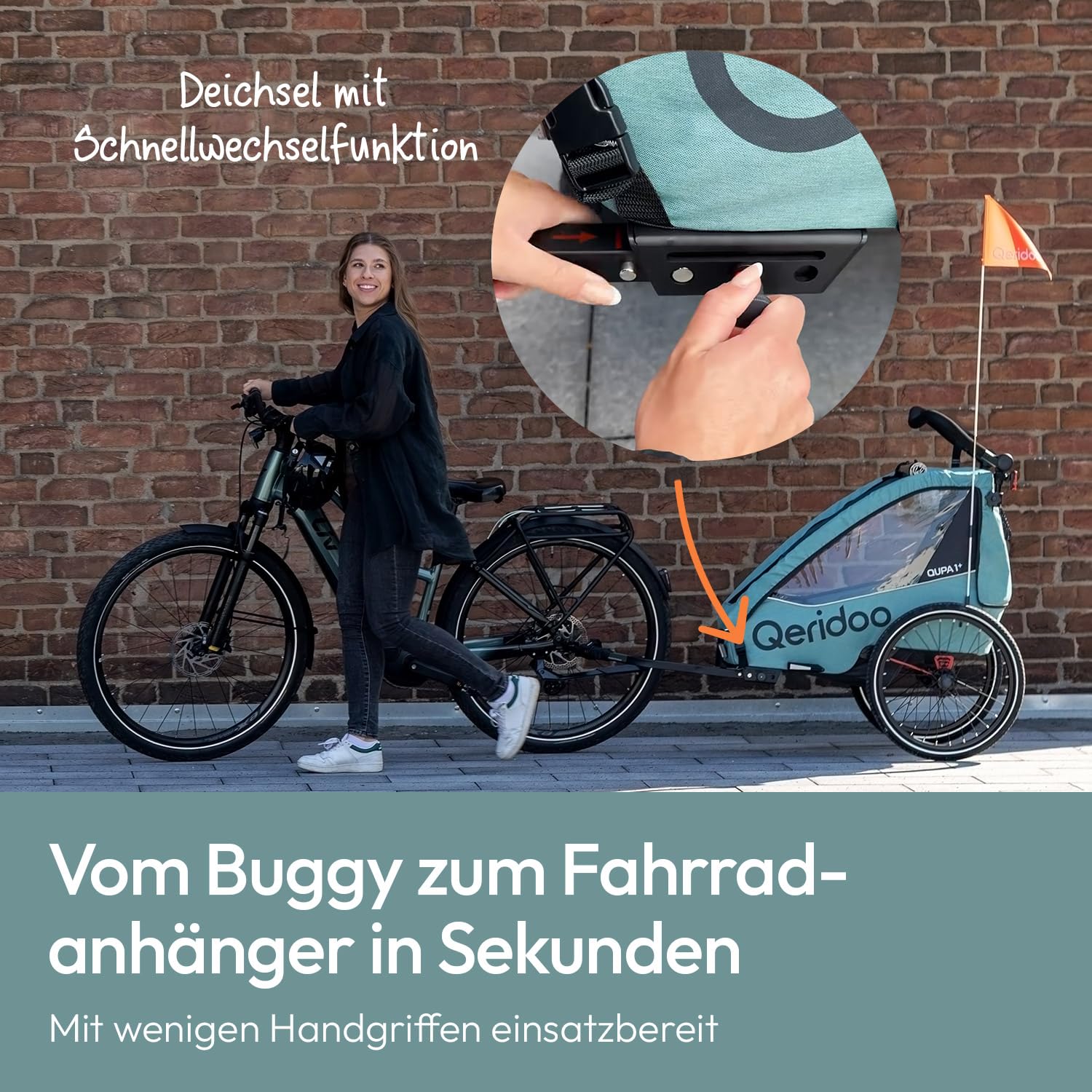 Qeridoo QUPA 1 Plus Mineral Blue |Fahrradanhänger 1 Kind mit Federung & 3-in-1-Verdeck |Kinderfahrradanhänger & Jogger Kinderwagen | Faltbarer Fahrrad Anhänger Kinder |Sicher & Komfortabel im Alltag