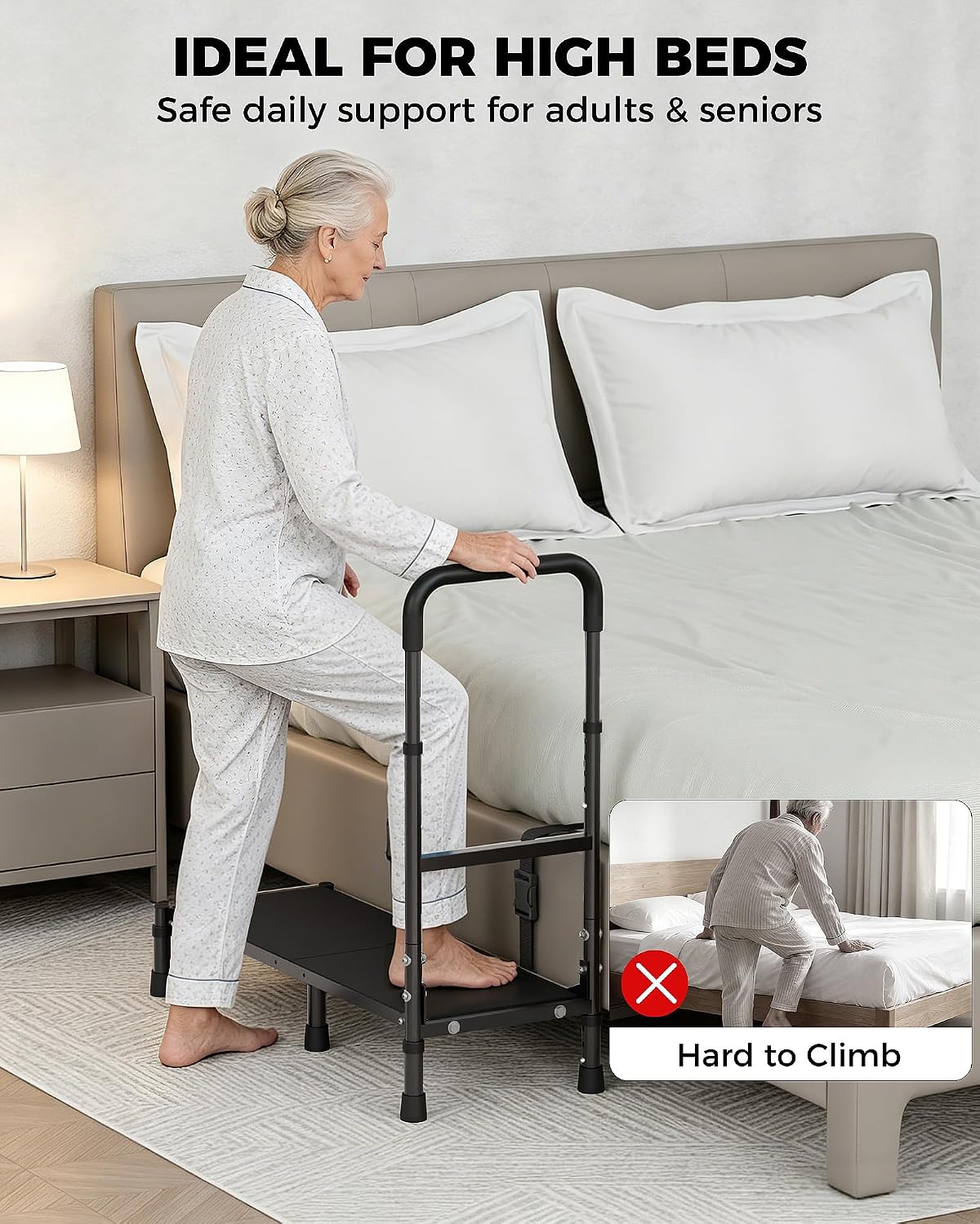 Bed Steps for High Beds for Adults, Step Stool with Handle for Elderly, Extra Long 34.5" Bedside Step Platform, Adjustable Height 5.6"-7.6", Non-Slip Foam Pad & Stable Steel Frame, Black