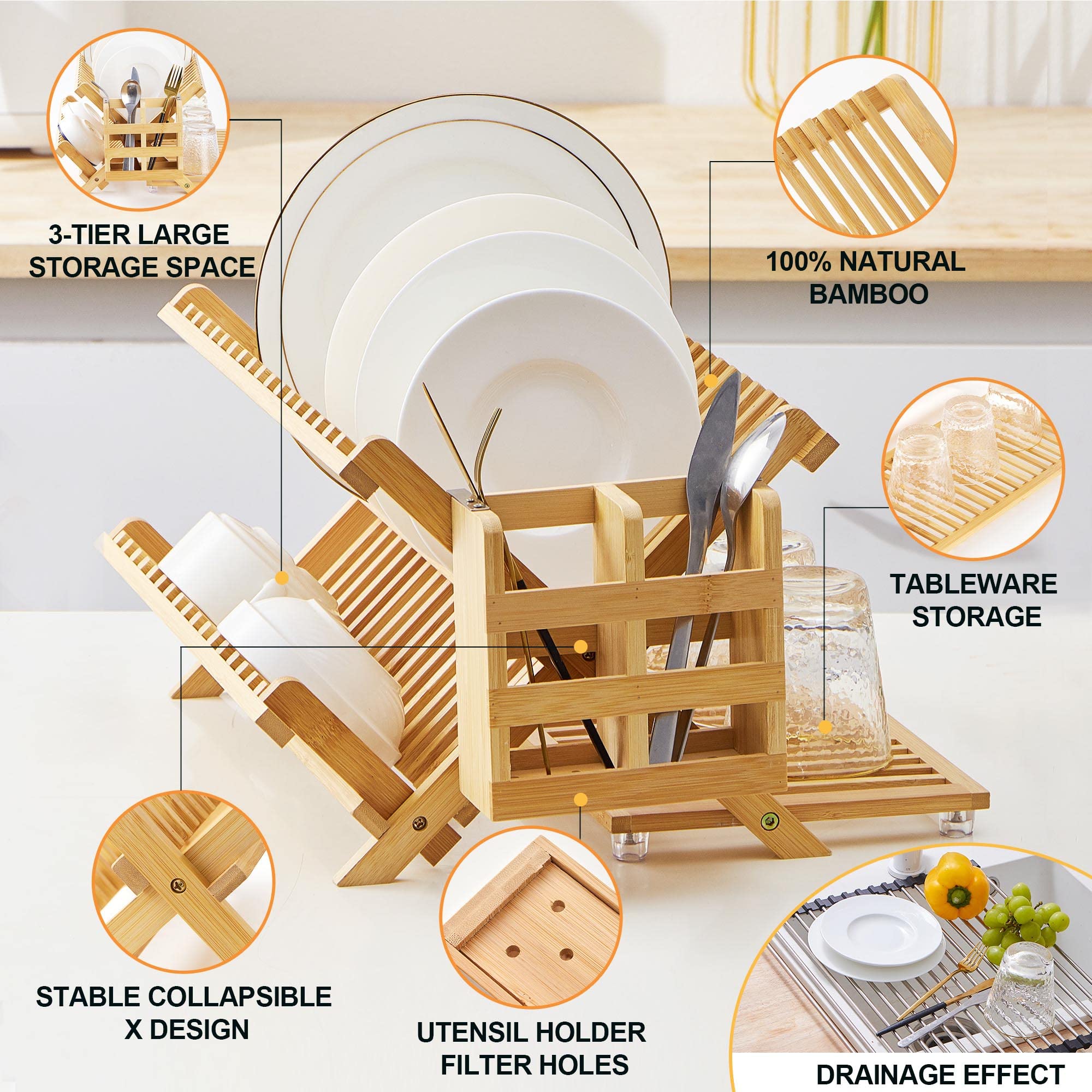 WORTHUG Bamboo Dish Drying Rack, 3-Tier Large Folding Wooden Dish Drying Rack with Utensil Holder & Multipurpose Roll Up Dish Drying Rack, Collapsible Dish Drainer Rack for Kitchen Counter