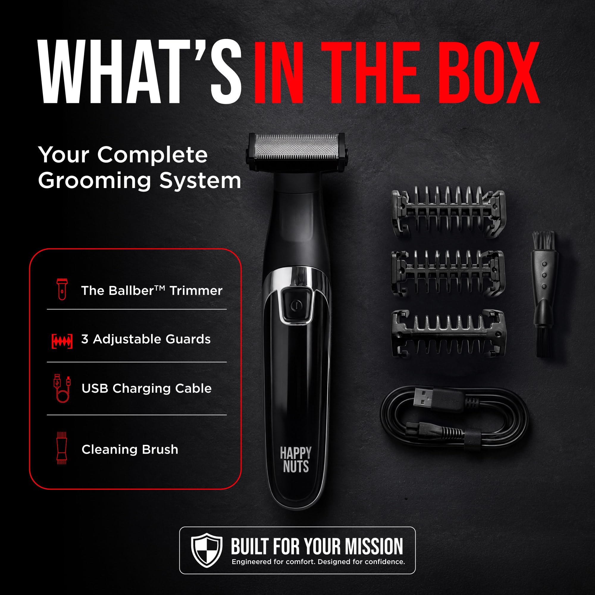 HAPPY NUTS The Ballber™ Electric Body Hair Trimmer for Men - Mens Body Groomer Kit for Privates - IPX7 Waterproof Shaver for Hard to Reach Areas