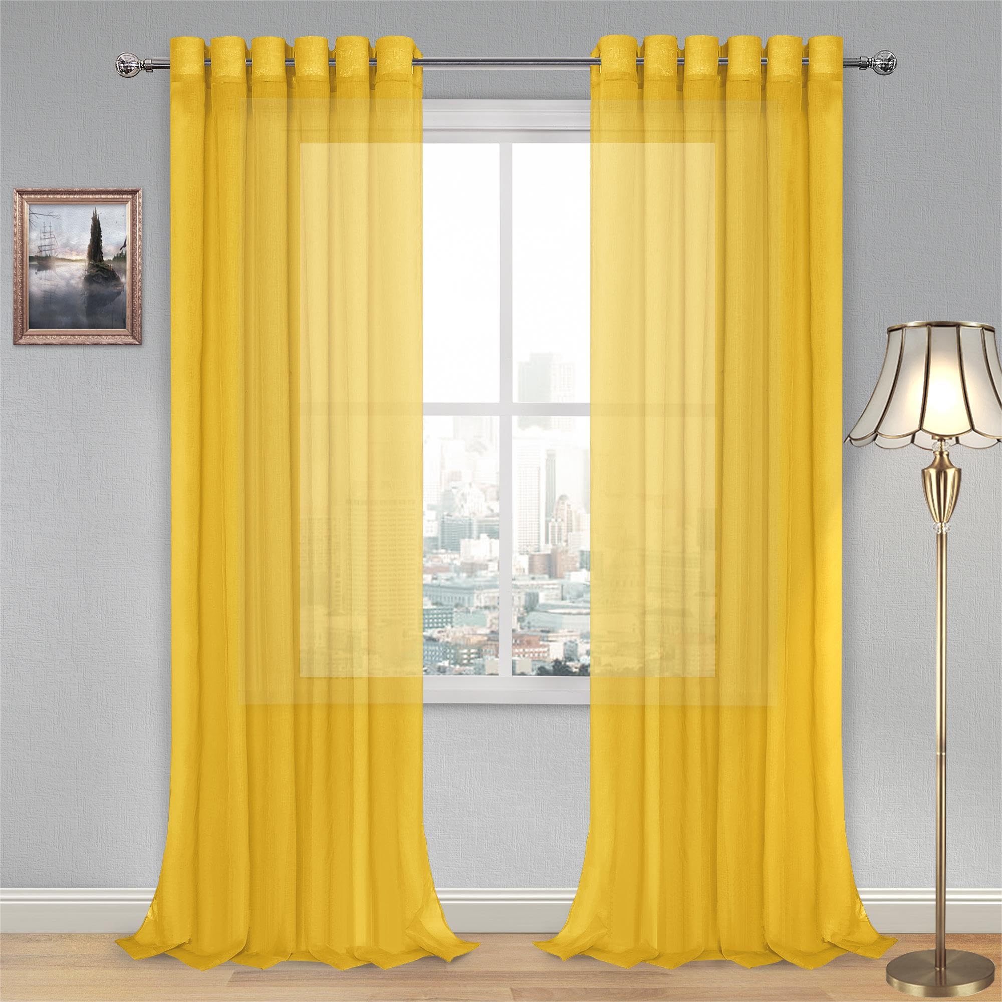 DWCN Sheer Curtains Faux Linen Grommet Window Curtain Voile Sheer Drapes for Living Room Set of 2 Panels 70 x 108 Inch Long, Yellow — image 1
