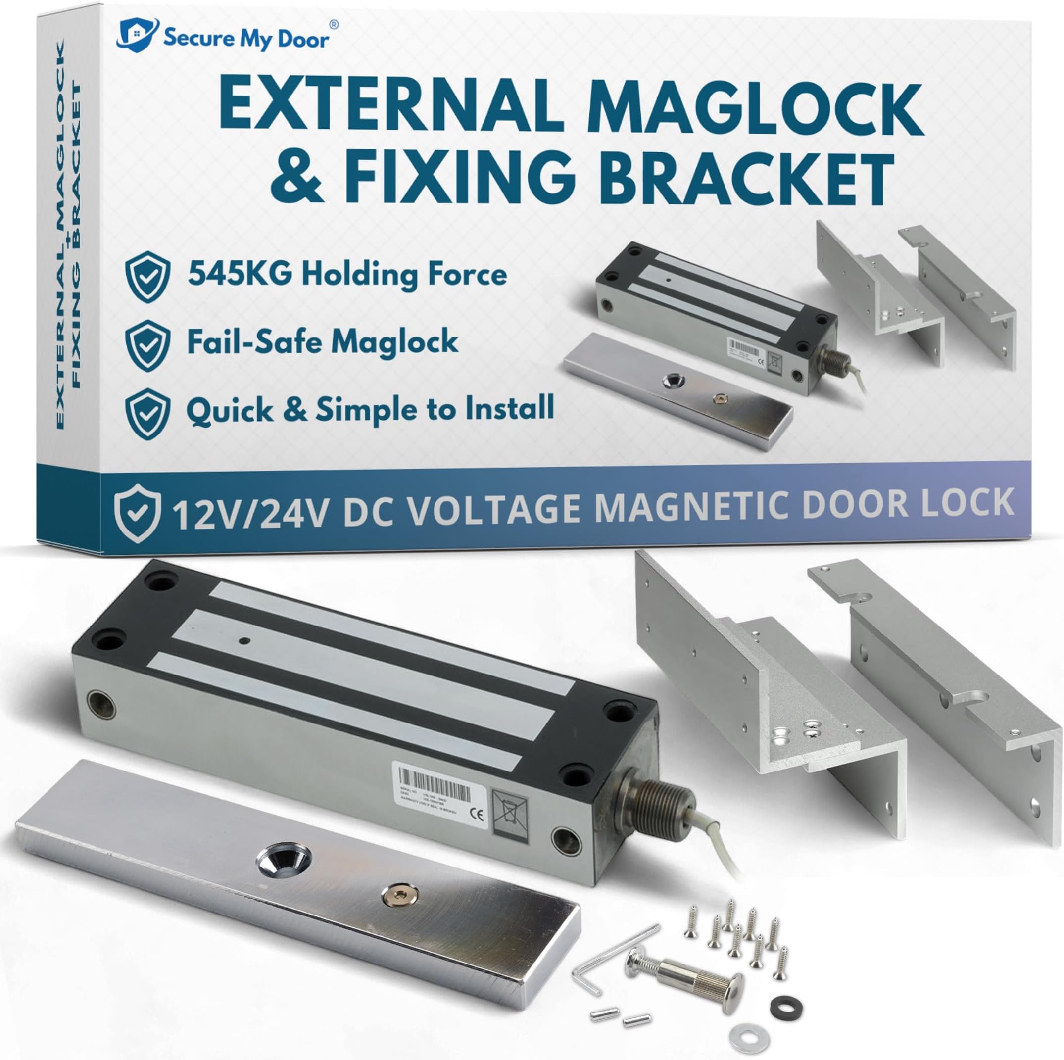 SecureMyDoor IP67 Weather Resistant External Magnetic Lock | Fail Safe Access Control Maglock | Stainless Steel | Ideal for Outdoor Use for Door or Gate (External Lock + Fixing Bracket)