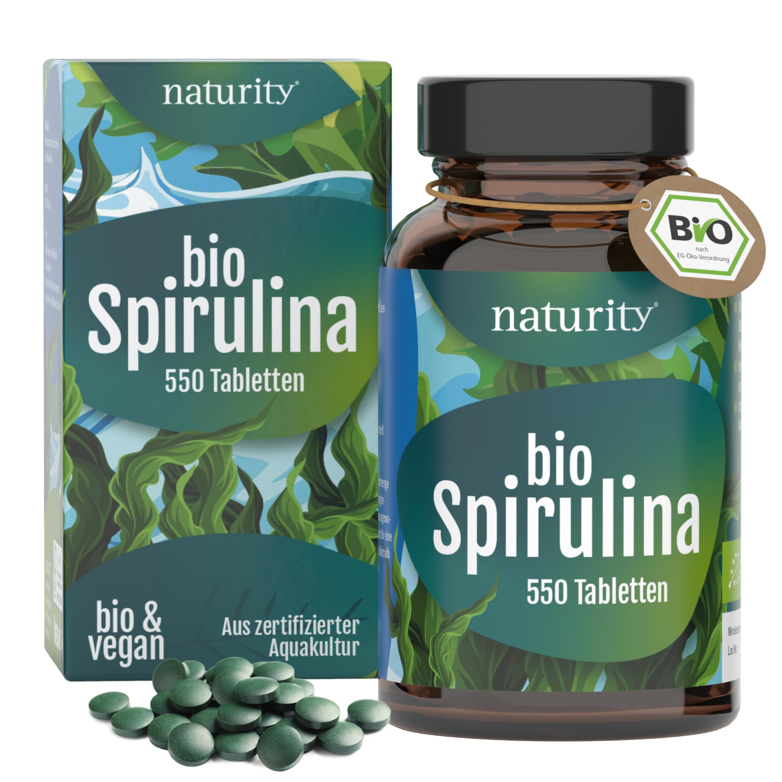 BIO Spirulina Tabletten I 550 Presslinge, 100% gemahlene Spirulina I Mit natürlichem Eisen-Gehalt I Ökologisch kultiviert & Bio-zertifiziert I Vegan, ohne Zusätze & Rückstände I Naturity